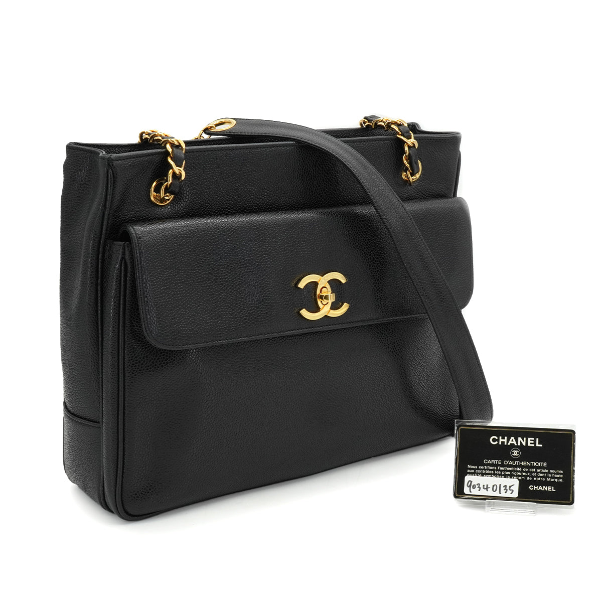 VINTAGE CHANEL TURN LOCK CHAIN TOTE BAG BLACK CAVIAR SKIN GOLD HARDWARE 90340135