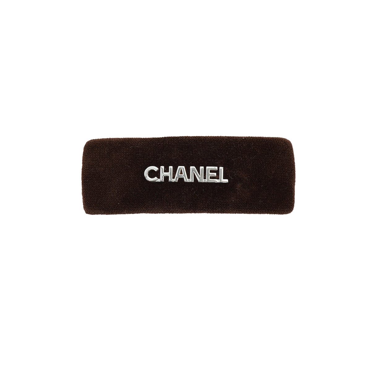 VINTAGE CHANEL VALLETTA LOGO BROWN SILVER VELOR HAIR ACCESSORY 90331827
