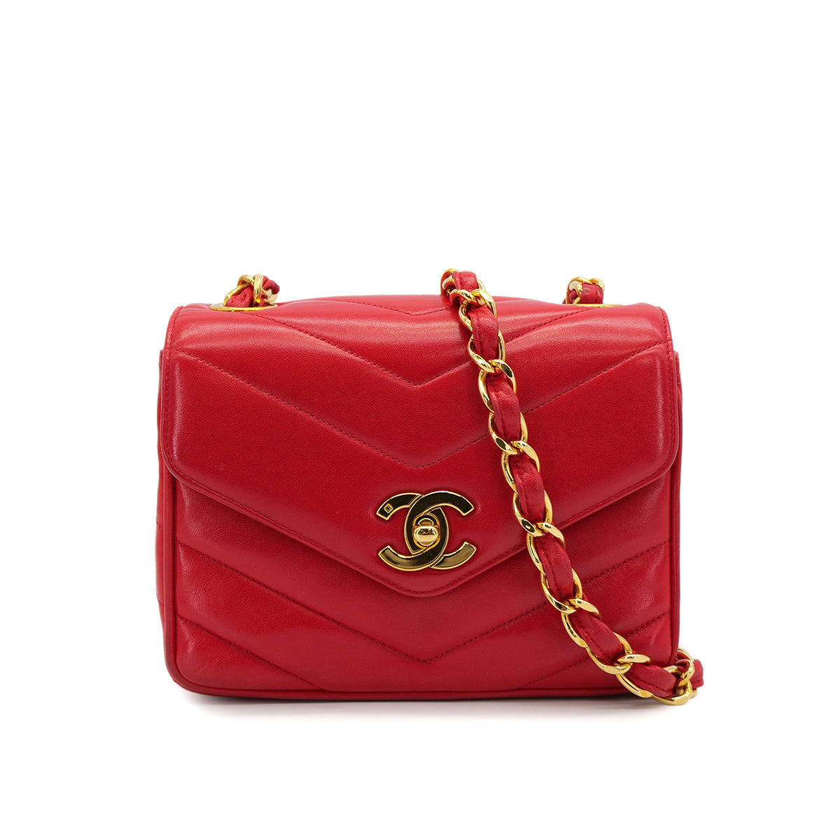 VINTAGE CHANEL CHEVRON V STITCH CHAIN SHOULDER BAG RED LAMB SKIN GOLD HARDWARE 90321155