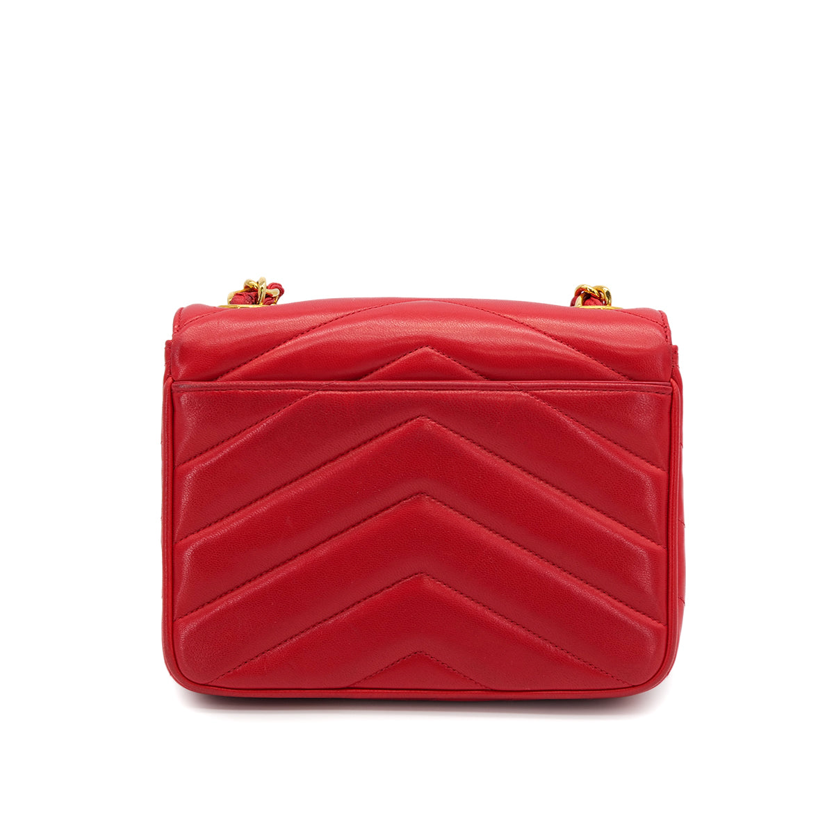 VINTAGE CHANEL CHEVRON V STITCH CHAIN SHOULDER BAG RED LAMB SKIN GOLD HARDWARE 90321155