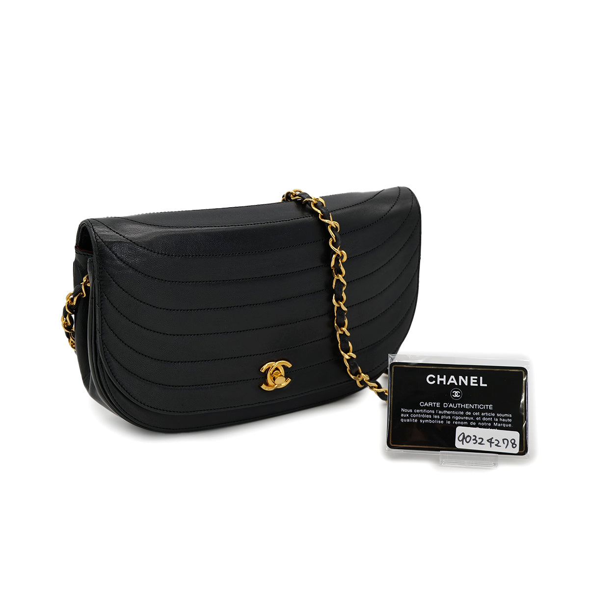VINTAGE CHANEL WAVE STITCH CHAIN SHOULDER BAG BLACK LAMB SKIN GOLD HARDWARE 90324278