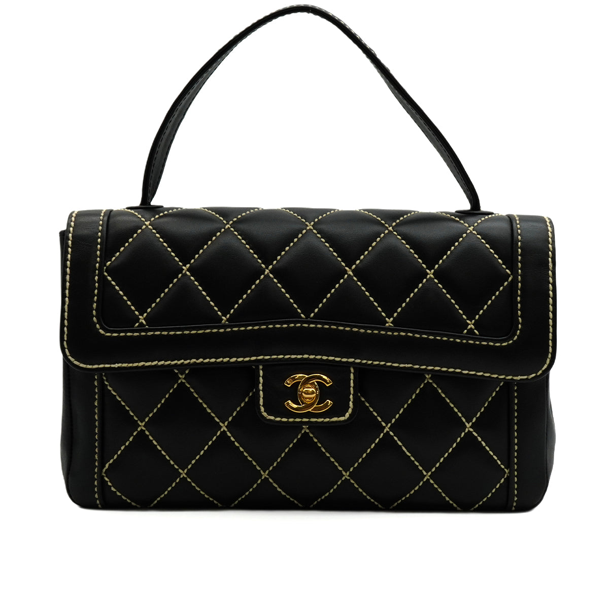 VINTAGE CHANEL WILD STITCH HAND BAG BLACK LEATHER GOLD HARDWARE 90345993