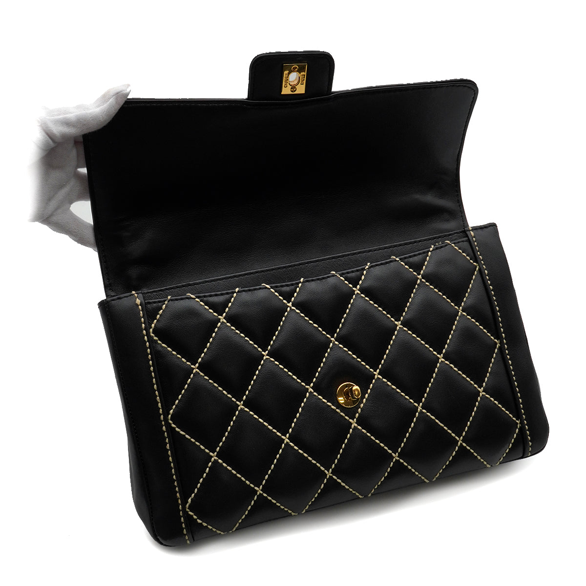 VINTAGE CHANEL WILD STITCH HAND BAG BLACK LEATHER GOLD HARDWARE 90345993