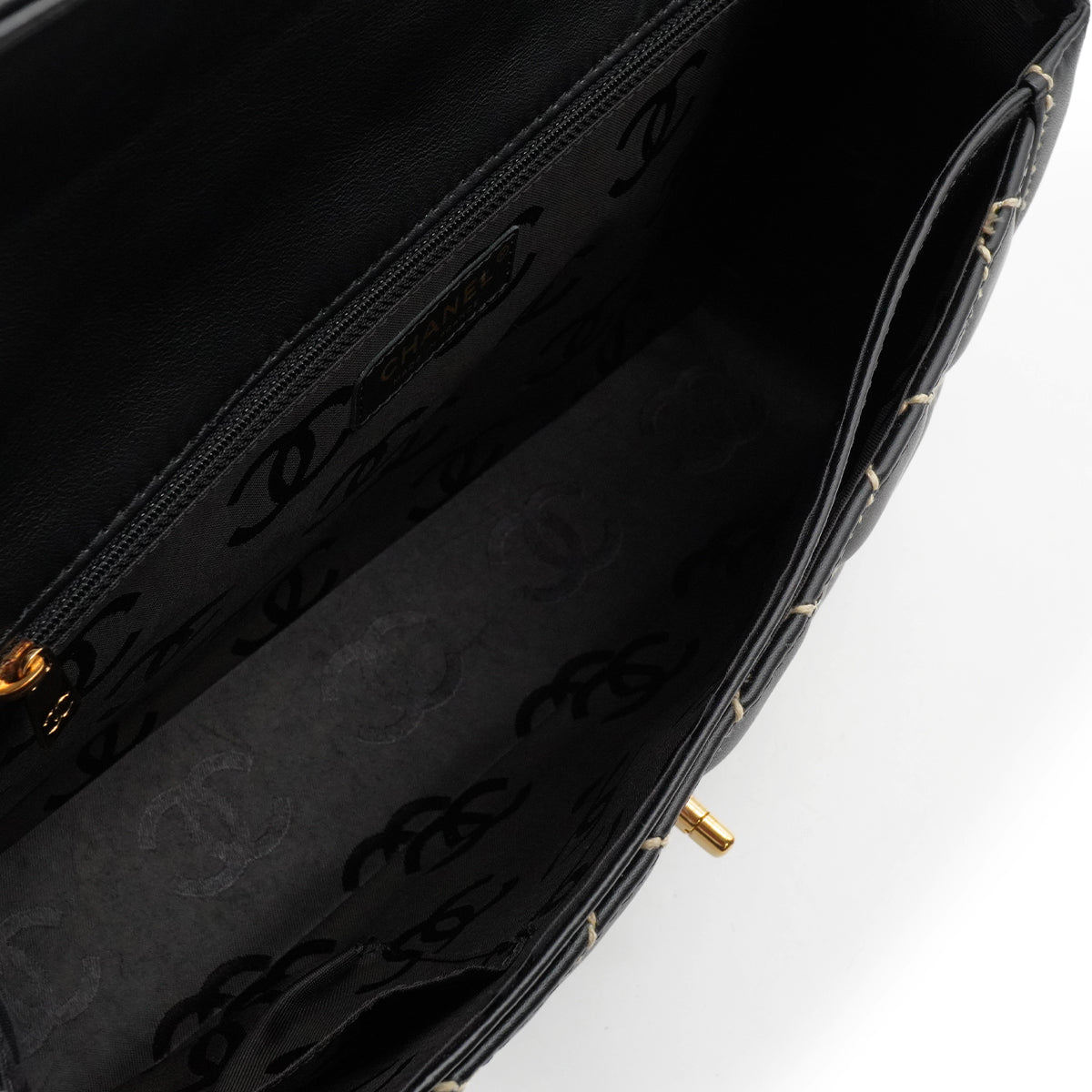 VINTAGE CHANEL WILD STITCH HAND BAG BLACK LEATHER GOLD HARDWARE 90345993