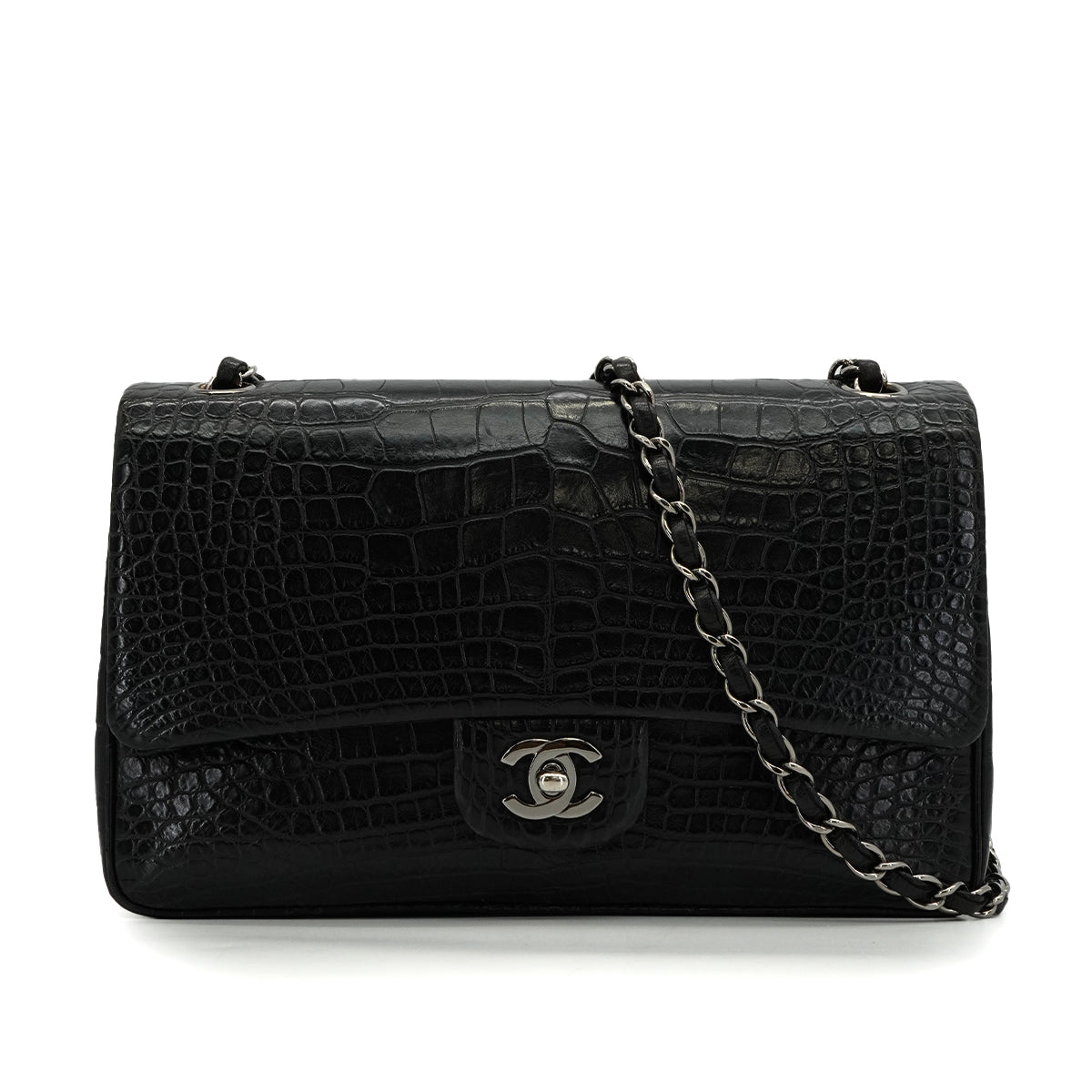 VINTEGE CHANEL CLASSIC FLAP MEDIUM CHAIN SHOULDER BAG BLACK CROCODILE SILVER HARDWARE 90340464
