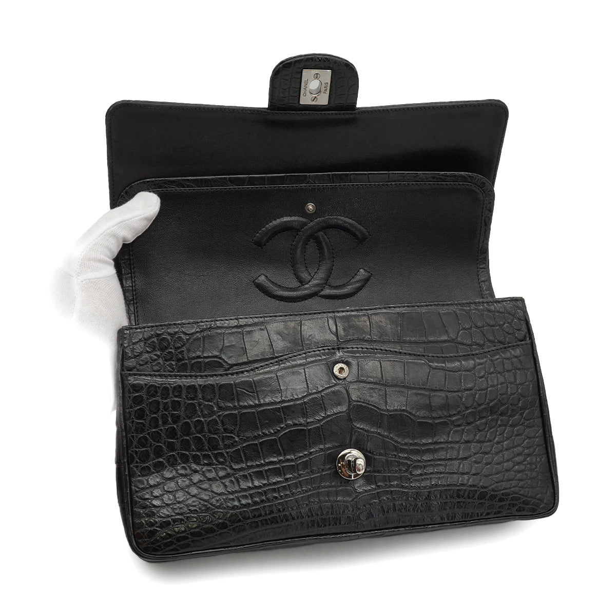 VINTEGE CHANEL CLASSIC FLAP MEDIUM CHAIN SHOULDER BAG BLACK CROCODILE SILVER HARDWARE 90340464