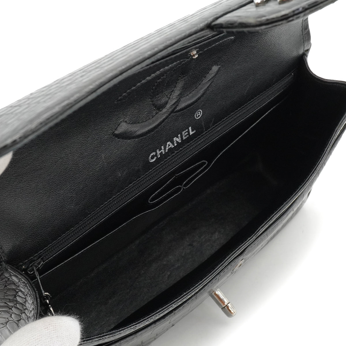 VINTEGE CHANEL CLASSIC FLAP MEDIUM CHAIN SHOULDER BAG BLACK CROCODILE SILVER HARDWARE 90340464