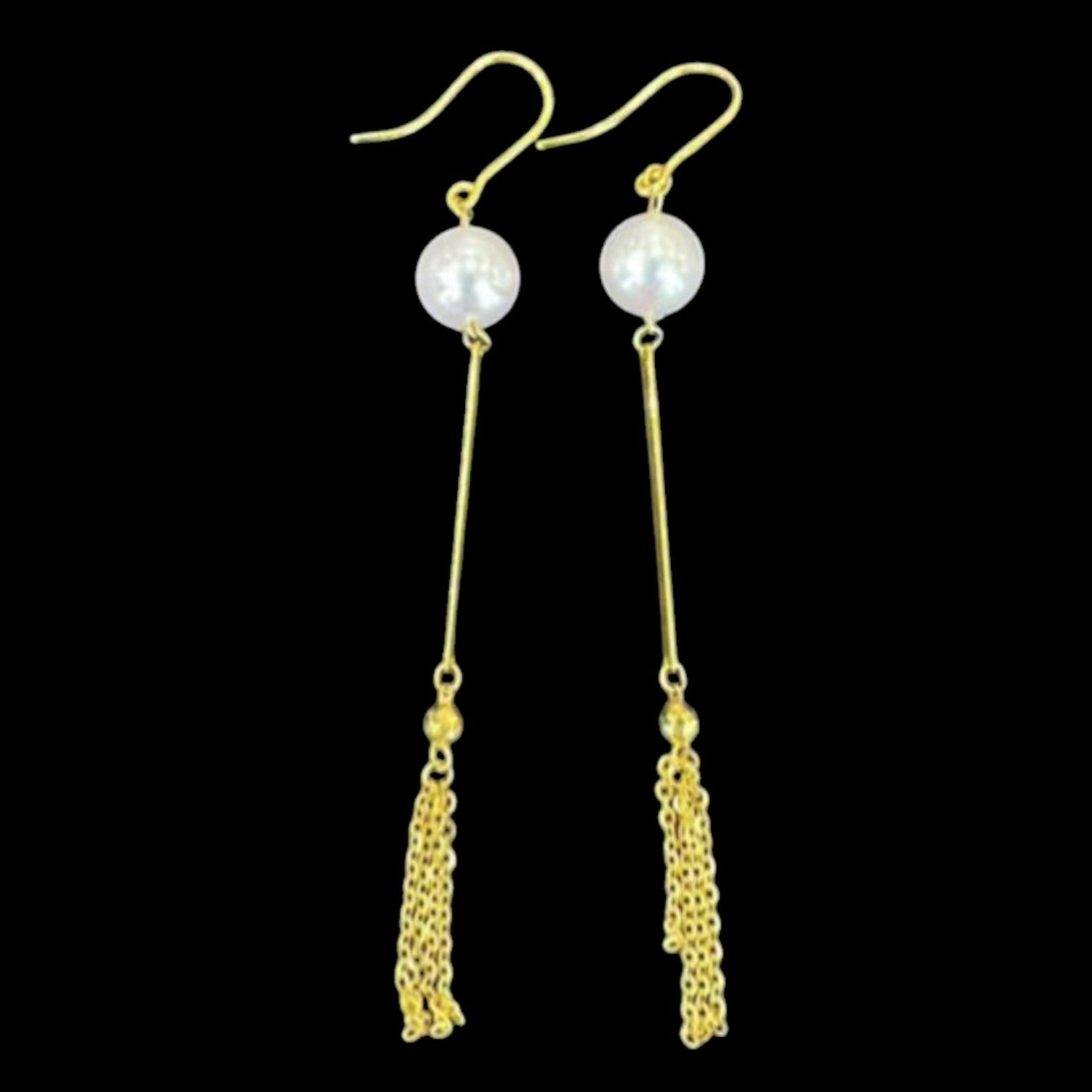 Akoya Pearl Tassel Hook Earrings set in 18K Yellow Gold