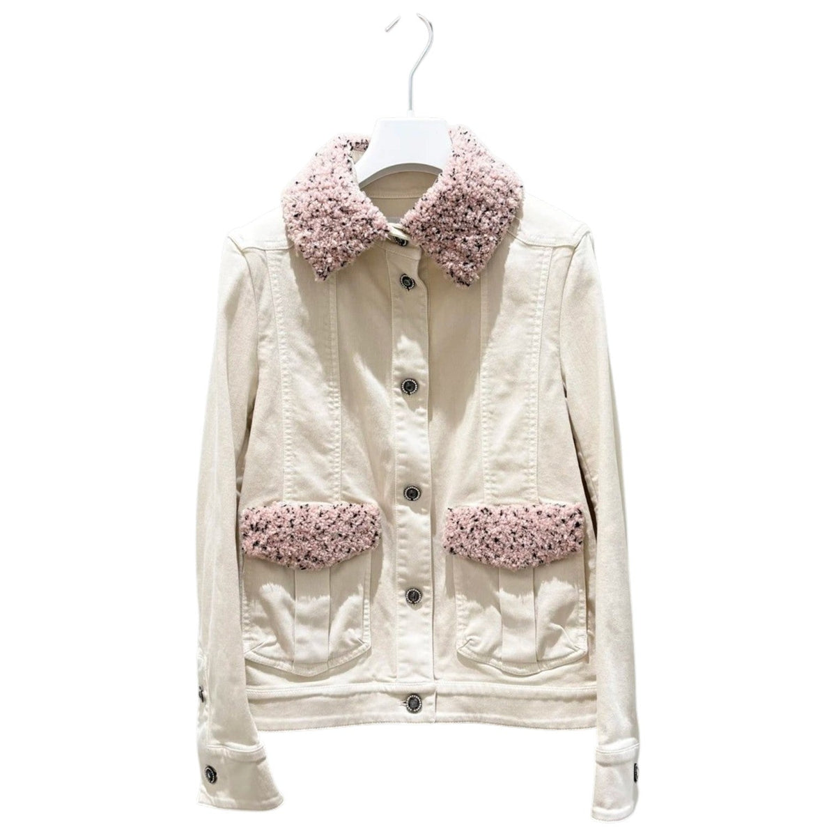 Chanel 16B White Washed Denim Jacket with Pink Boucle Trim - Size 36