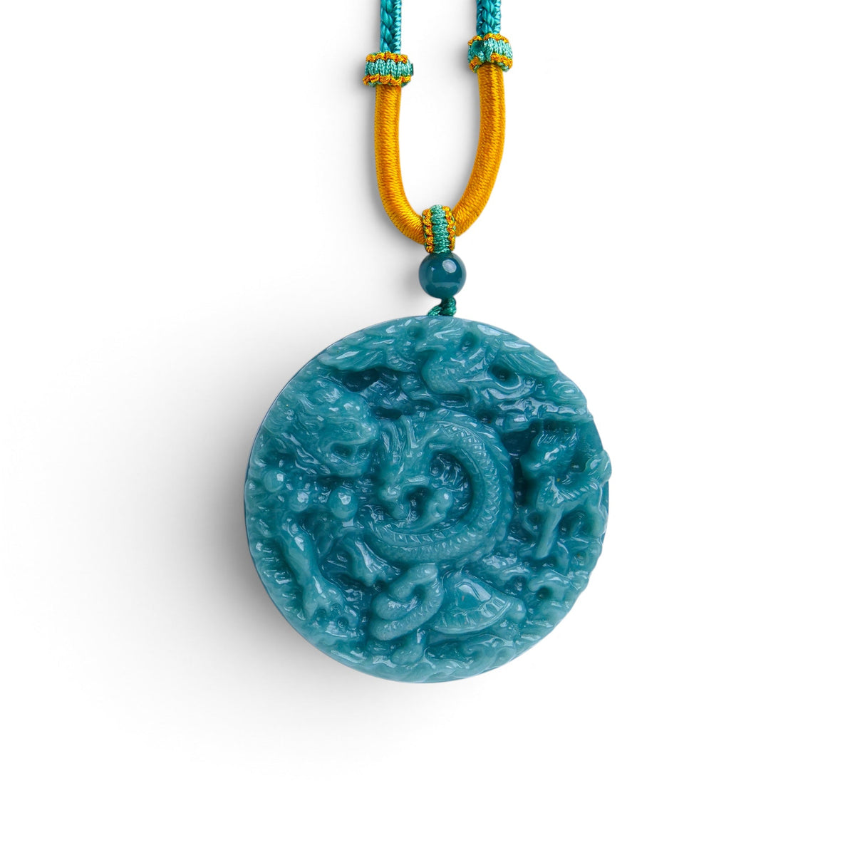 WFDN90 Type A Blue Jadeite Double Sided Carving On Rope, Yin Yang Reverse