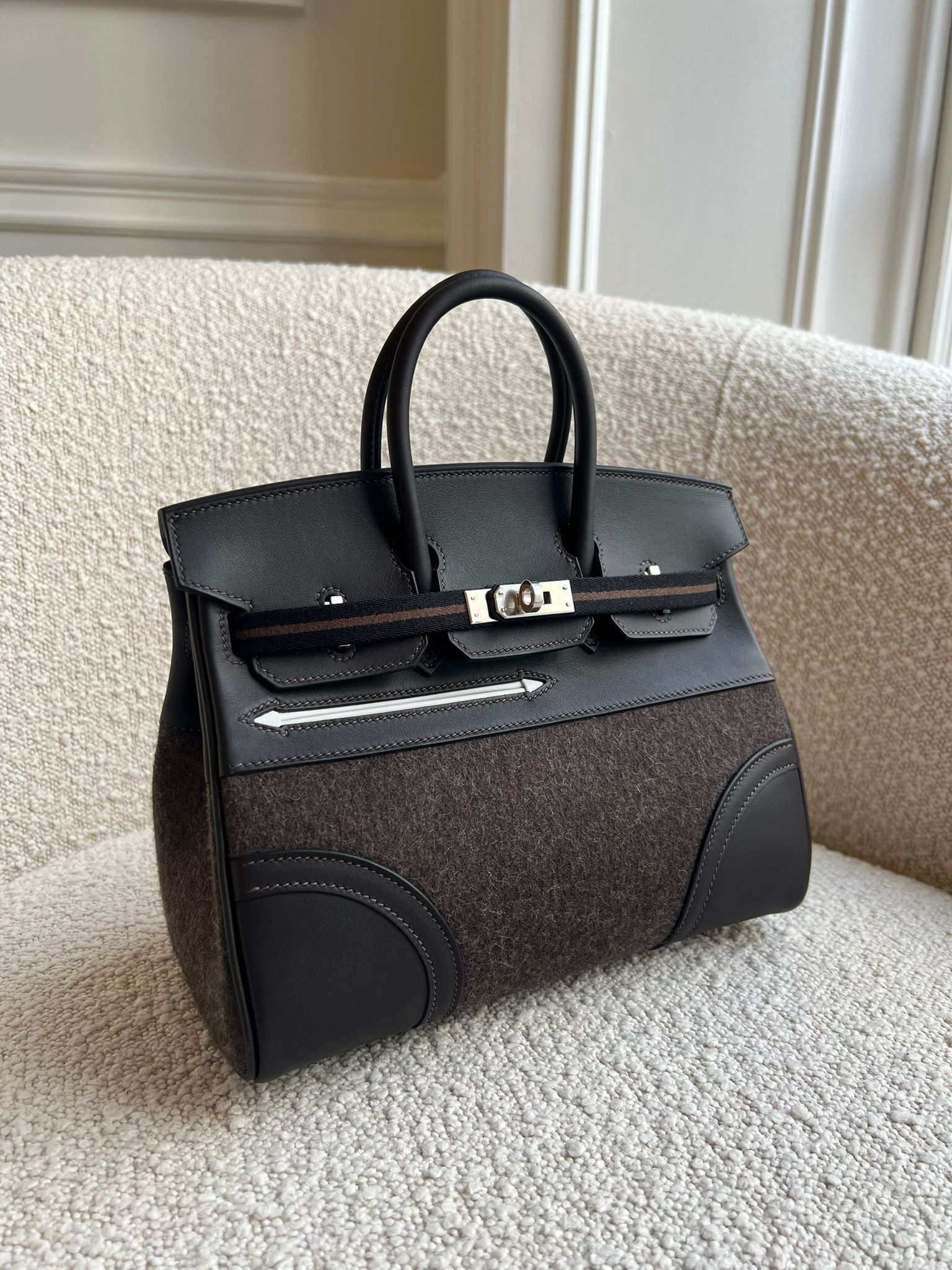 HERMÈS BIRKIN 25CM "GO TEAM" EBENE, BLACK, CHOCOLATE & NEW WHITE Feutre & Swift Leather with Palladium Hardware