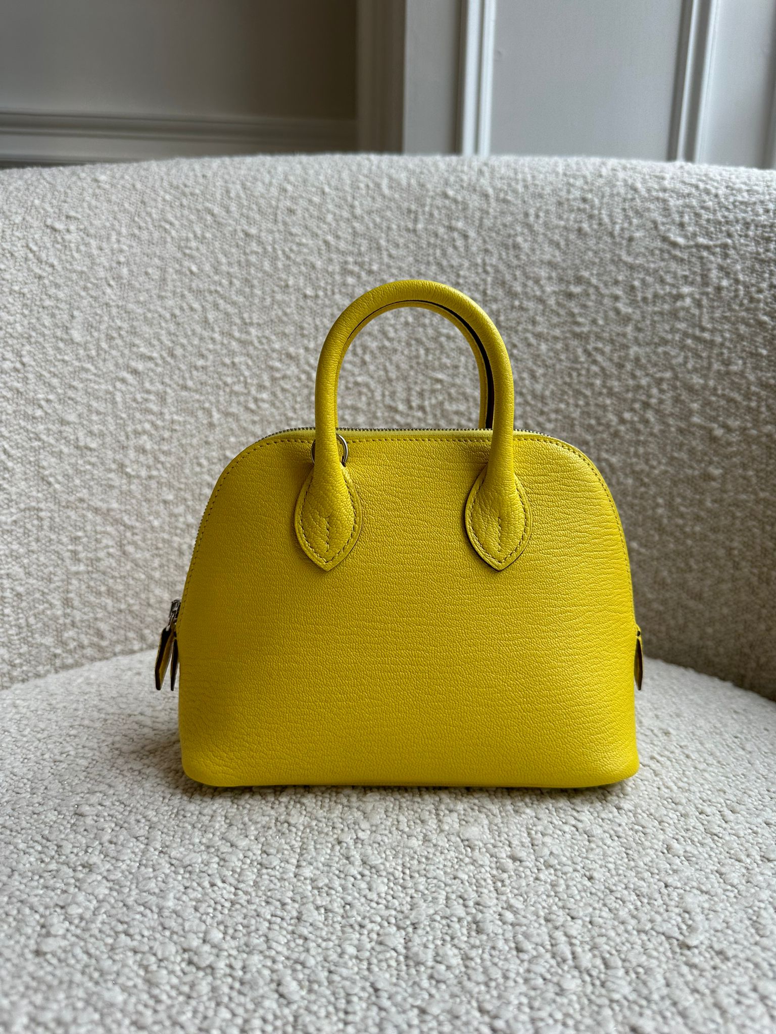 HERMÈS MINI BOLIDE 1923 19CM JAUNE CITRON Chevre Leather with Palladium Hardware