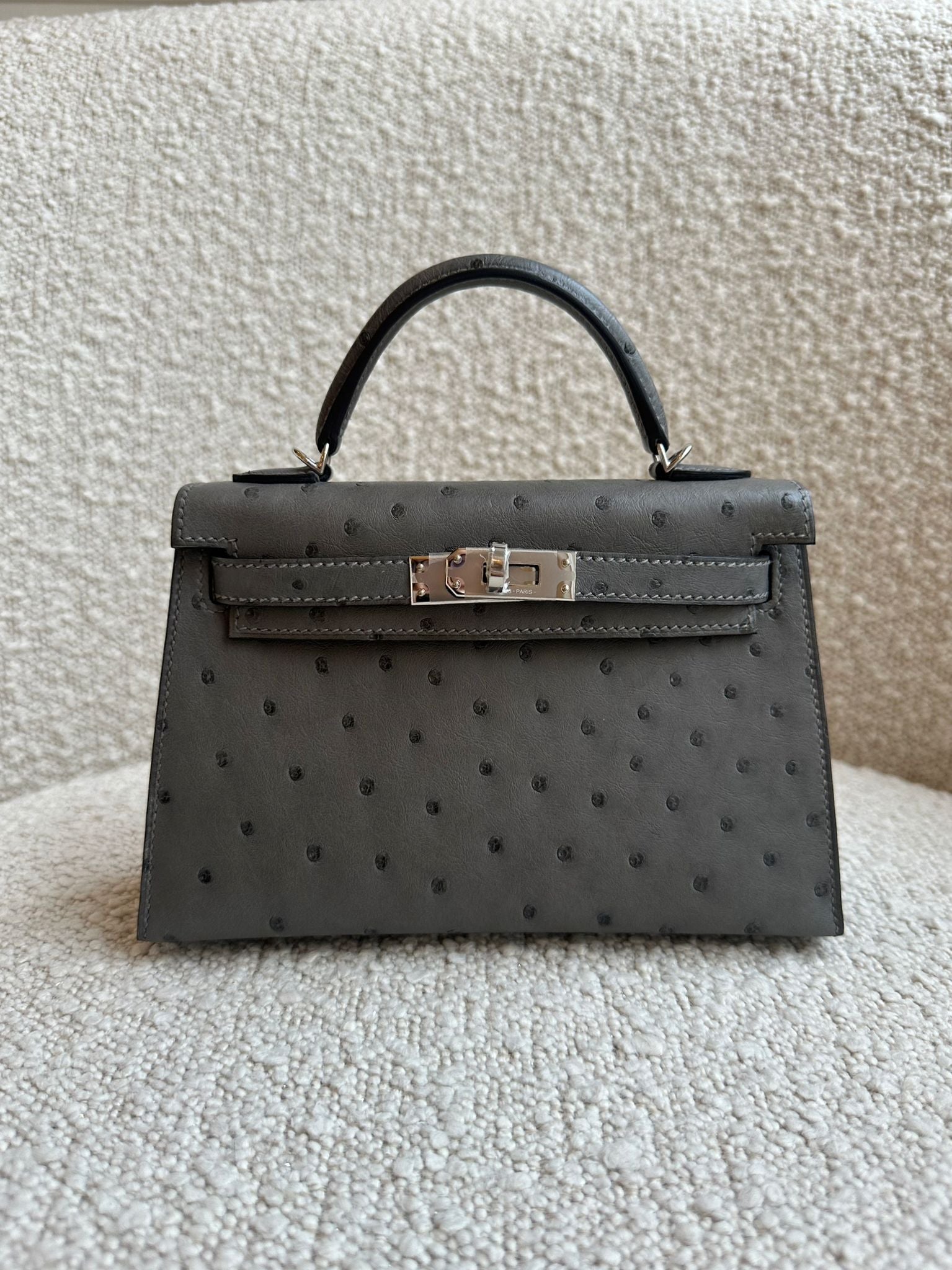 HERMÈS MINI KELLY II 20CM GRIS MEYER Ostrich Leather with Palladium Hardware