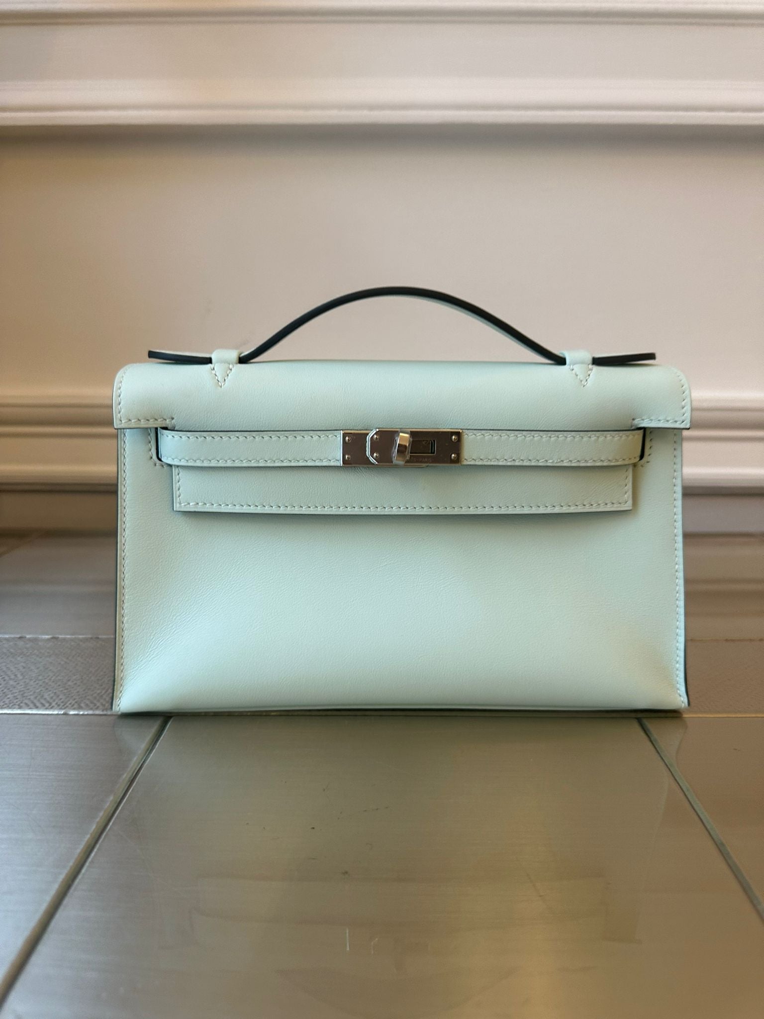 HERMÈS KELLY POCHETTE VERT PEPPERMINT Swift Leather with Palladium Hardware