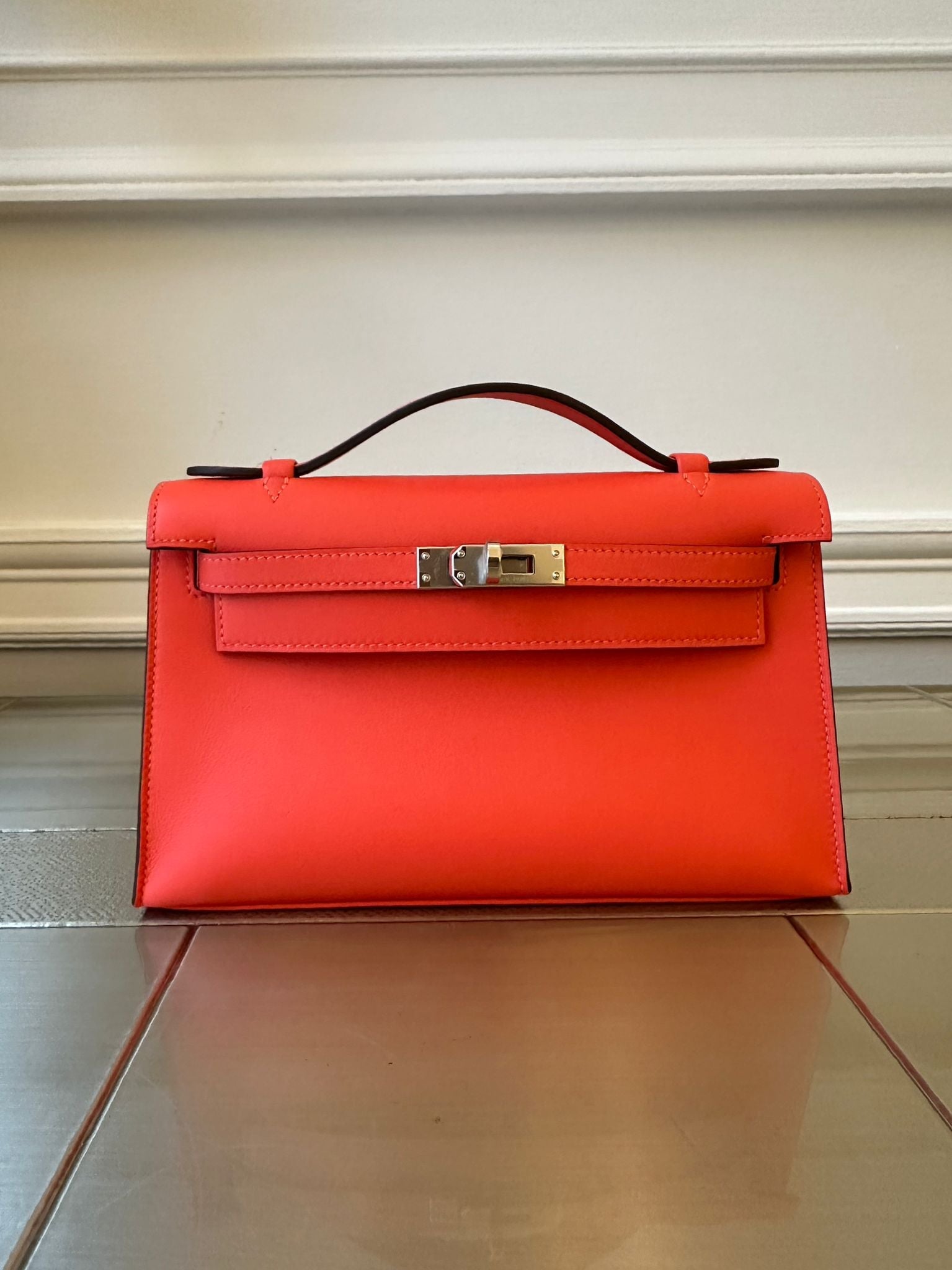 HERMÈS KELLY POCHETTE ORANGE FIELD Swift Leather with Palladium Hardware