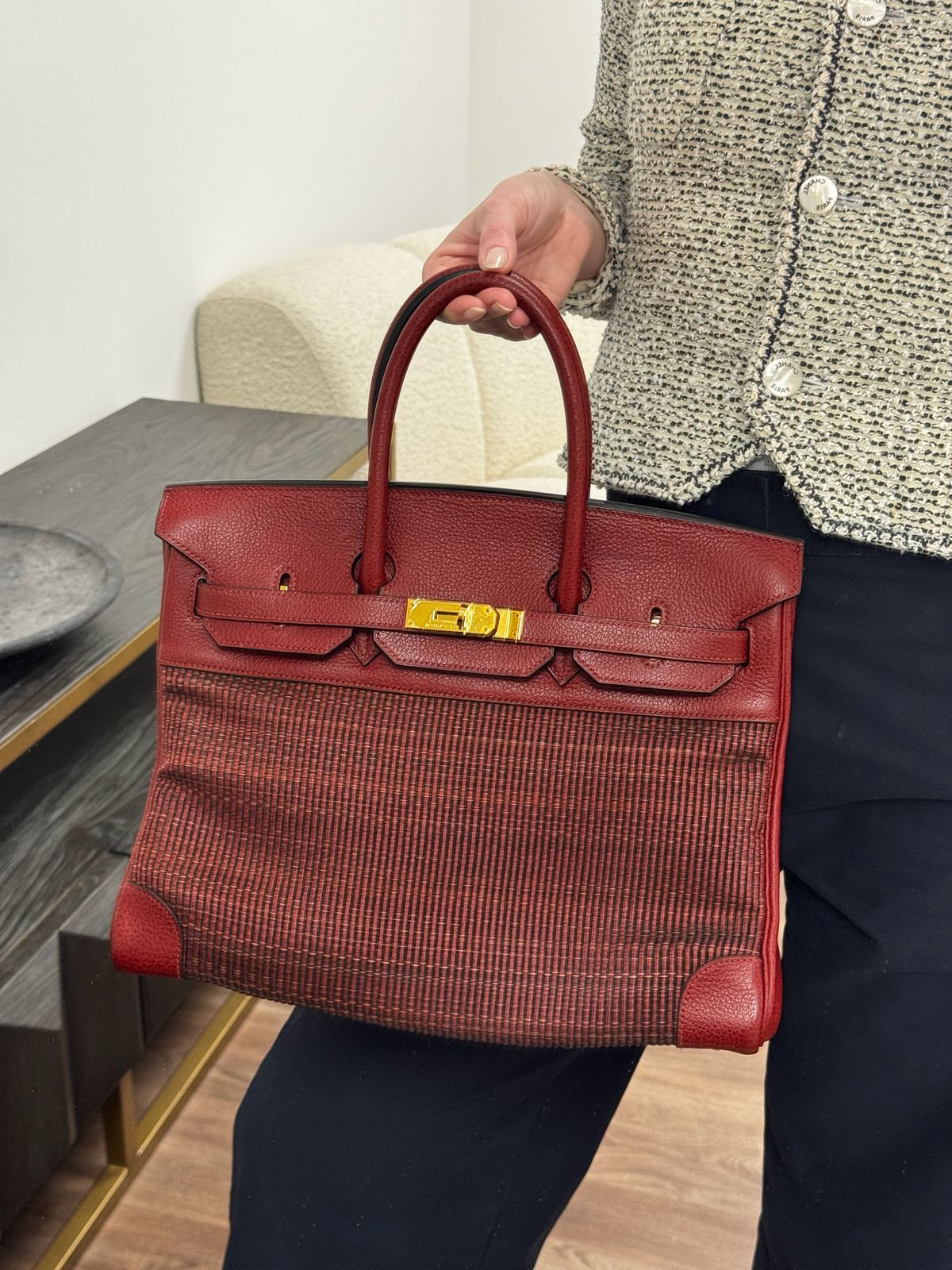 *LONDON LOCATED* VINTAGE HERMÈS BIRKIN 35CM ROUGE H Crinoline & Clemence Leather with Gold Hardware