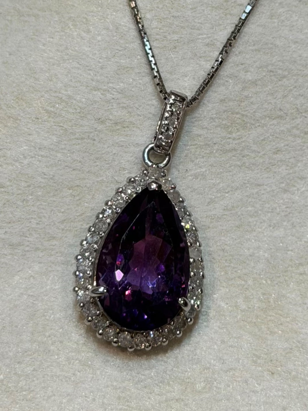 44cm Necklace in K14/WG - Amethyst 6.35 + D0.51 pear halo 3027 JJC1364