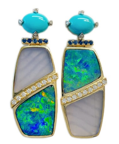 Earring in 18K - Turquoise 3.61 Opal 11.18 + D0.272 + Sapphire 0.206 Chalcedony 9.25 O-ER1162-01 JJC3052