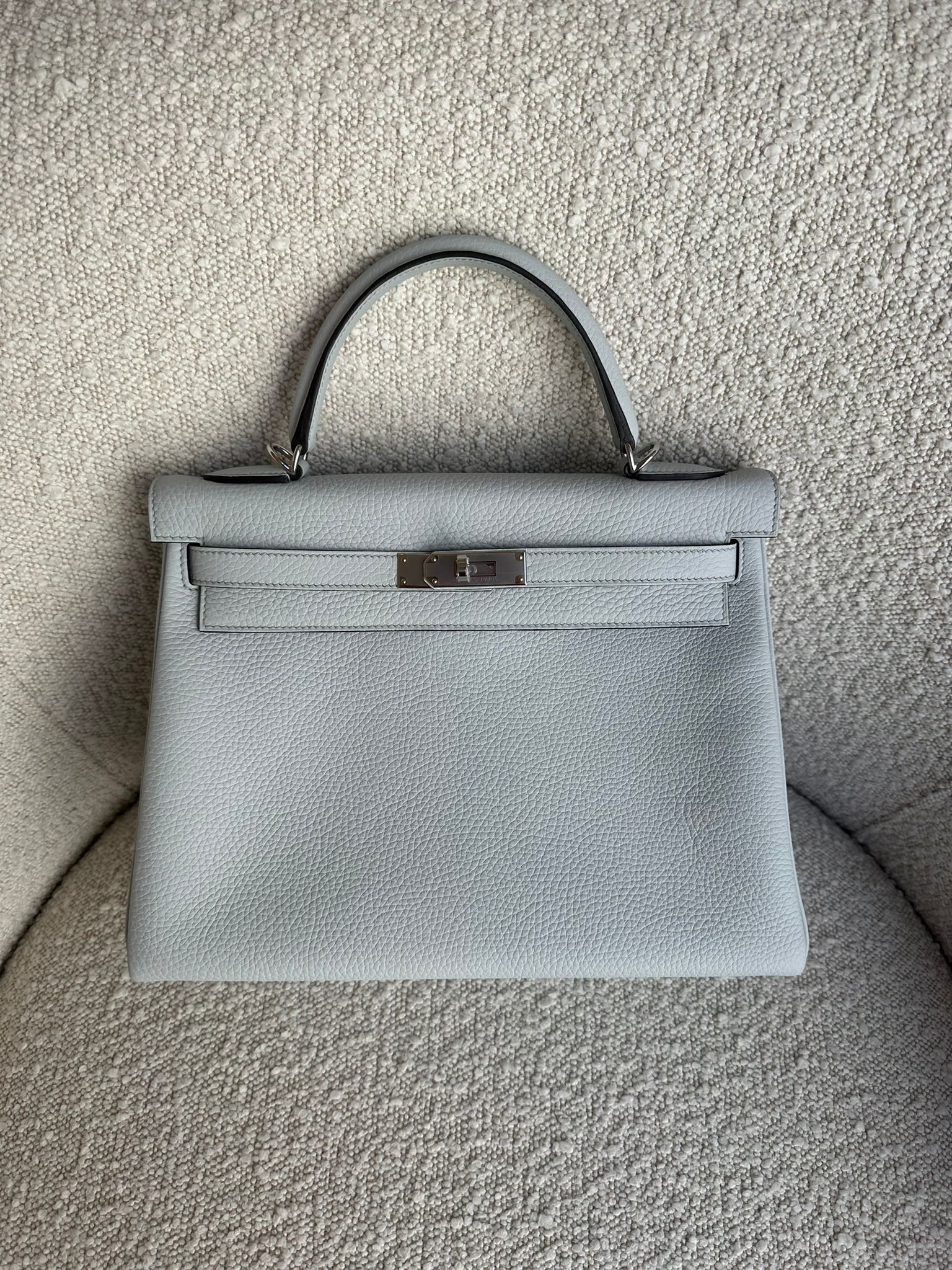 HERMÈS KELLY 32CM BLUE PALE Clemence Leather with Palladium Hardware