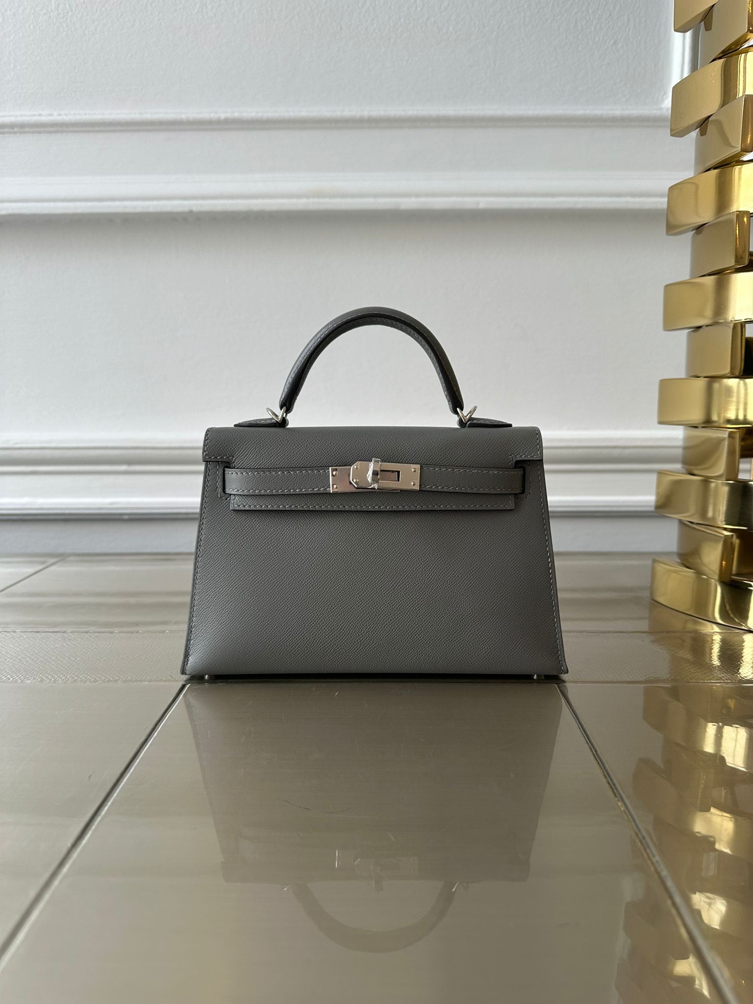 HERMÈS MINI KELLY II 20CM GRIS MEYER Madame Leather with Palladium Hardware