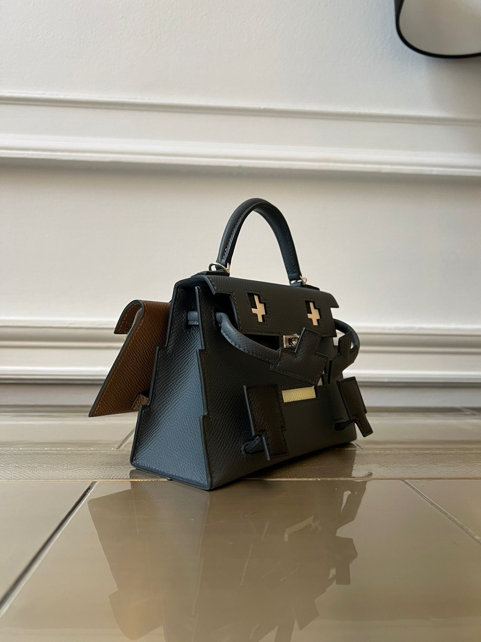 HERMÈS KELLY DOLL PICTO GRIS MISTY, BLACK, VERT FIZZ & ALEZAN Epsom Leather with Palladium Hardware