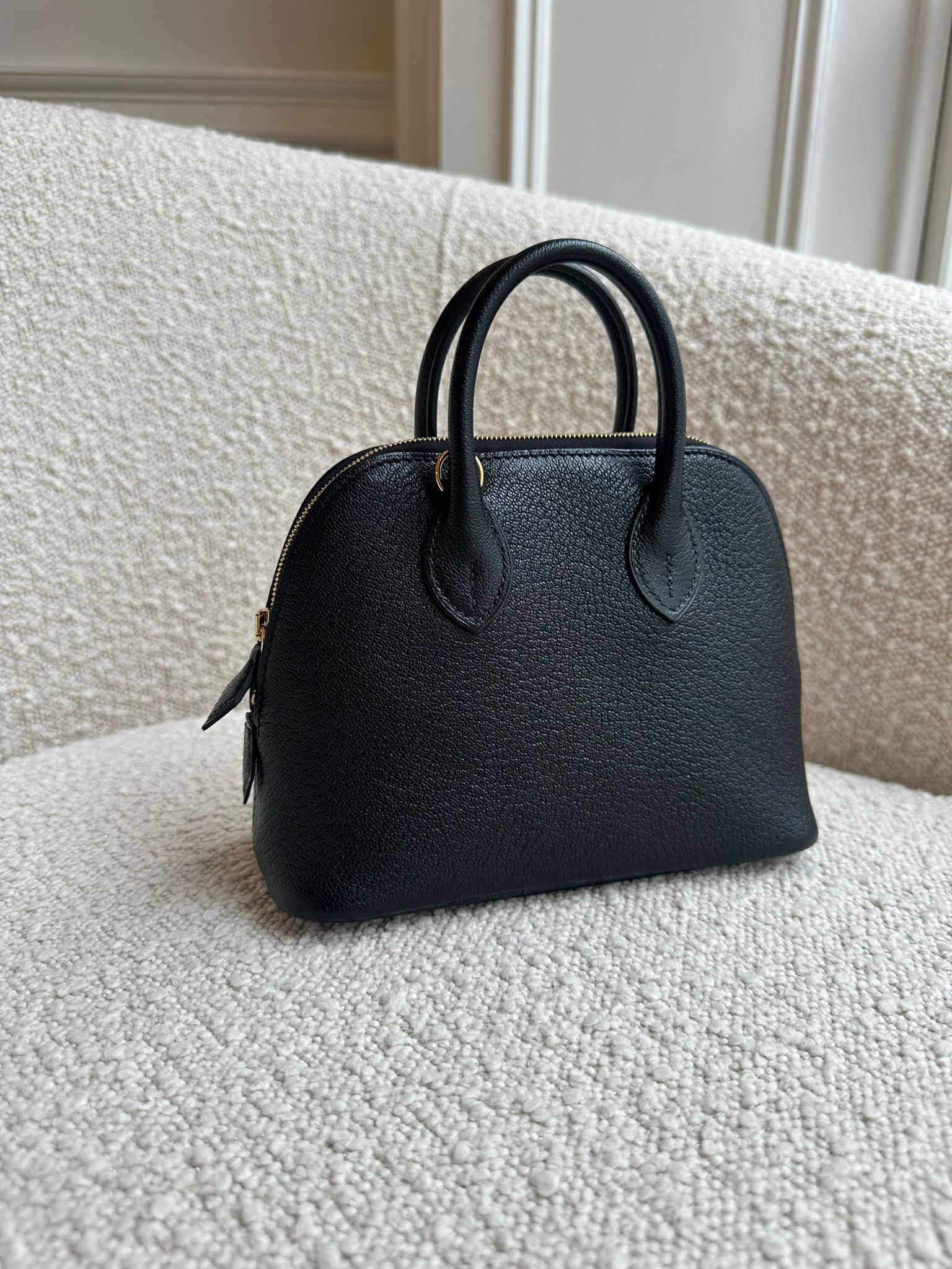 HERMÈS MINI BOLIDE 1923 19CM BLACK Chevre Leather with Gold Hardware