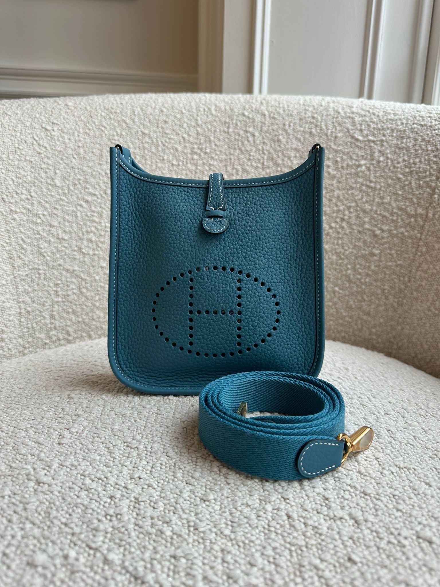 HERMÈS MINI EVELYNE TPM BLUE JEAN Clemence Leather with Gold Hardware