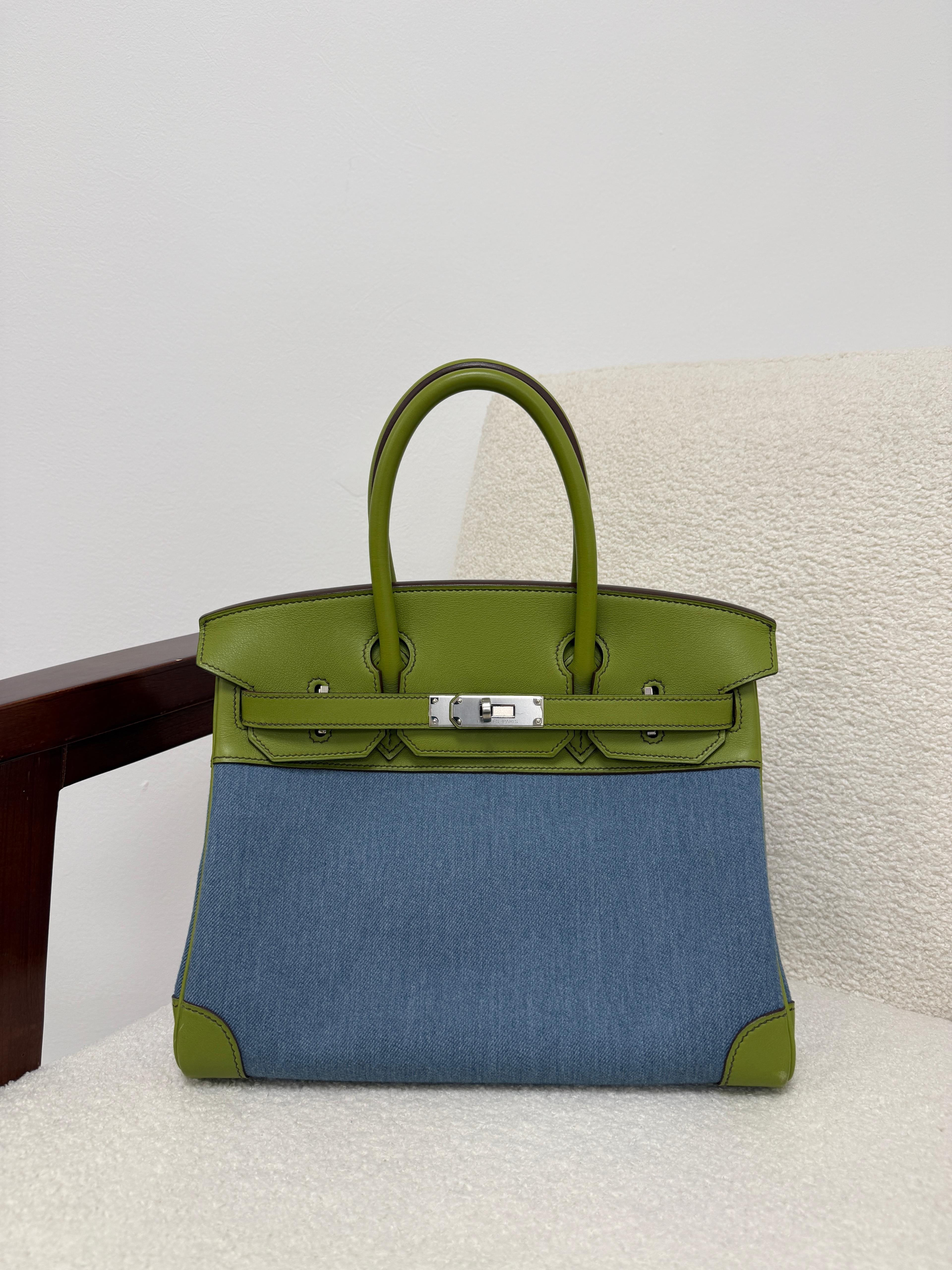 *LONDON LOCATED* PRELOVED HERMÈS BIRKIN 30CM VERT ANIS Swift Leather and Denim Toile with Palladium Hardware