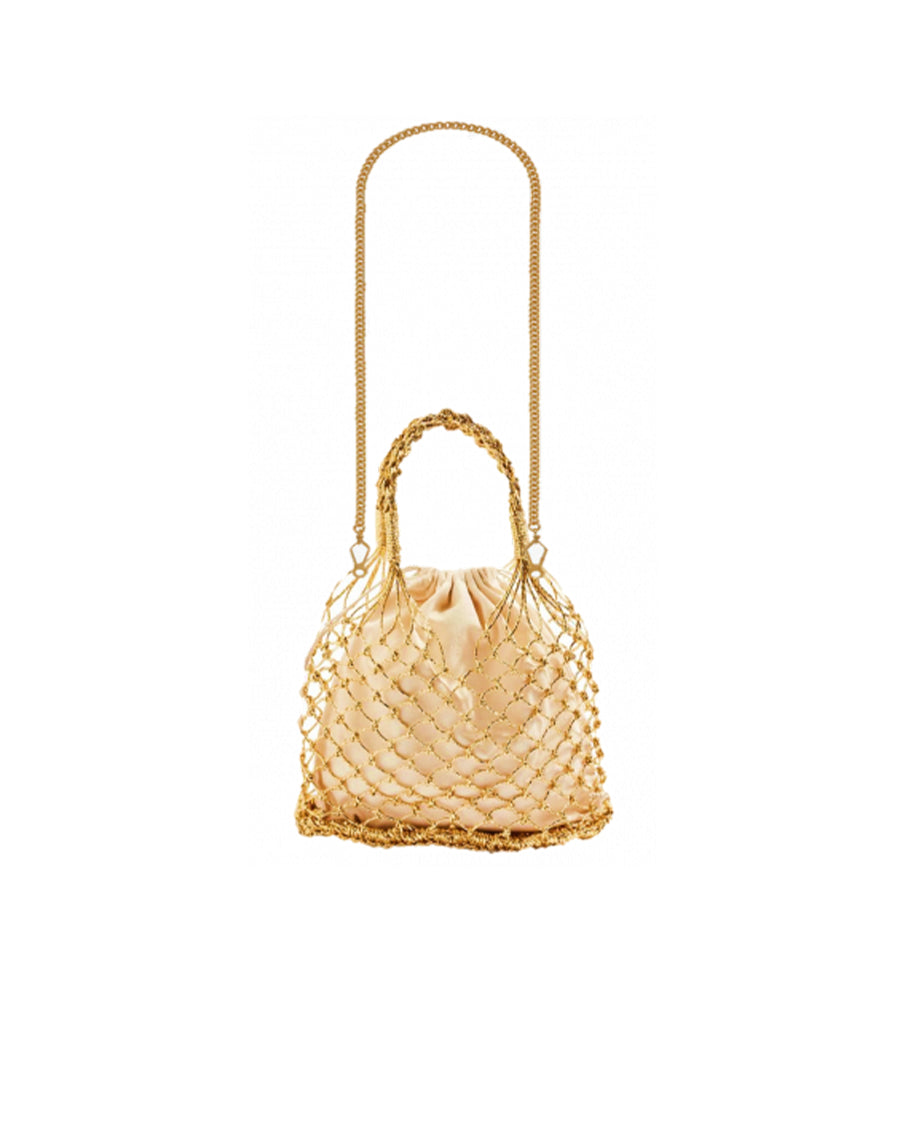Woven Straw Satin Mini Helene Gold Net and Strawberry Tote Bag