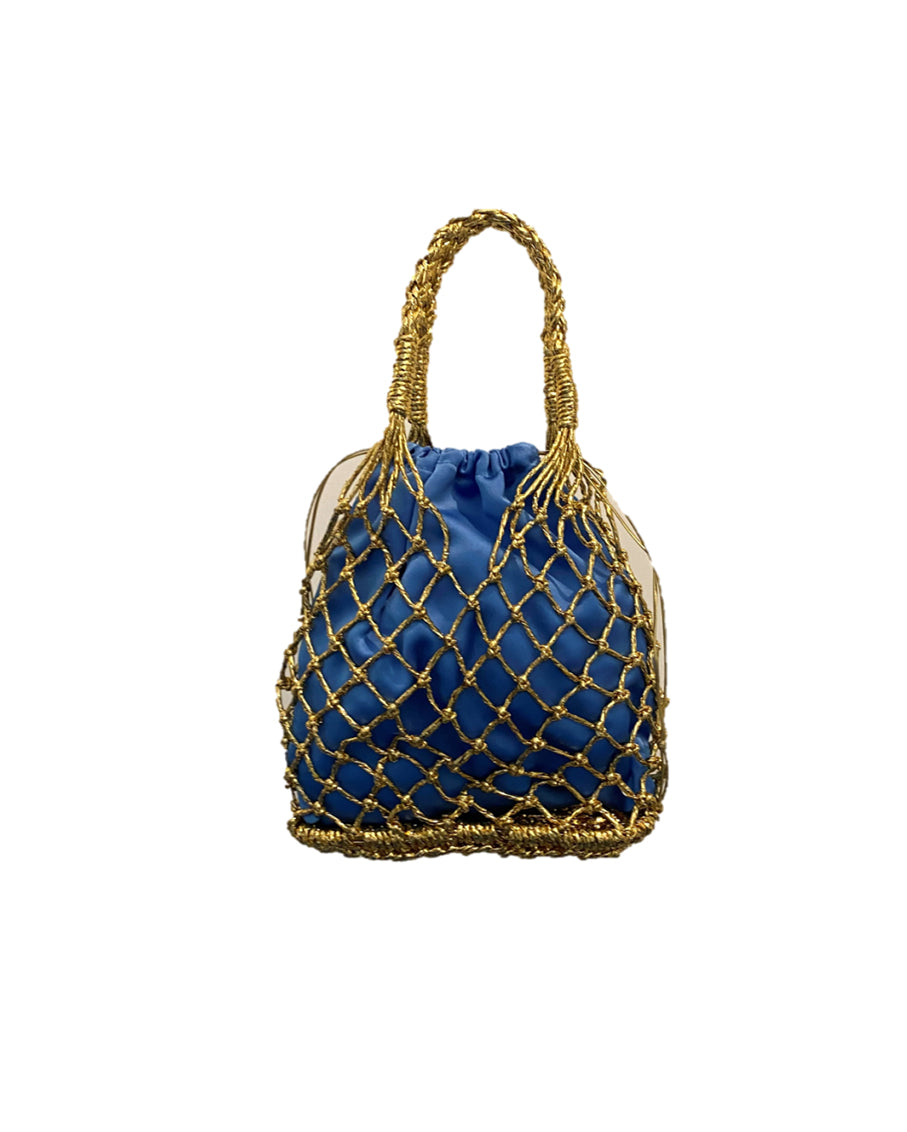 Woven Straw Satin Mini Helene Gold Net and Powder Blue Tote Bag