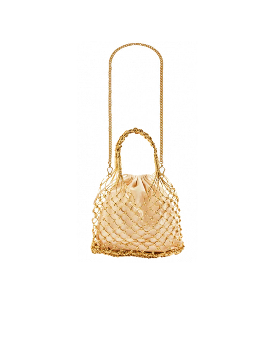 Woven Straw Satin Mini Helene Gold Net and Powder Blue Tote Bag