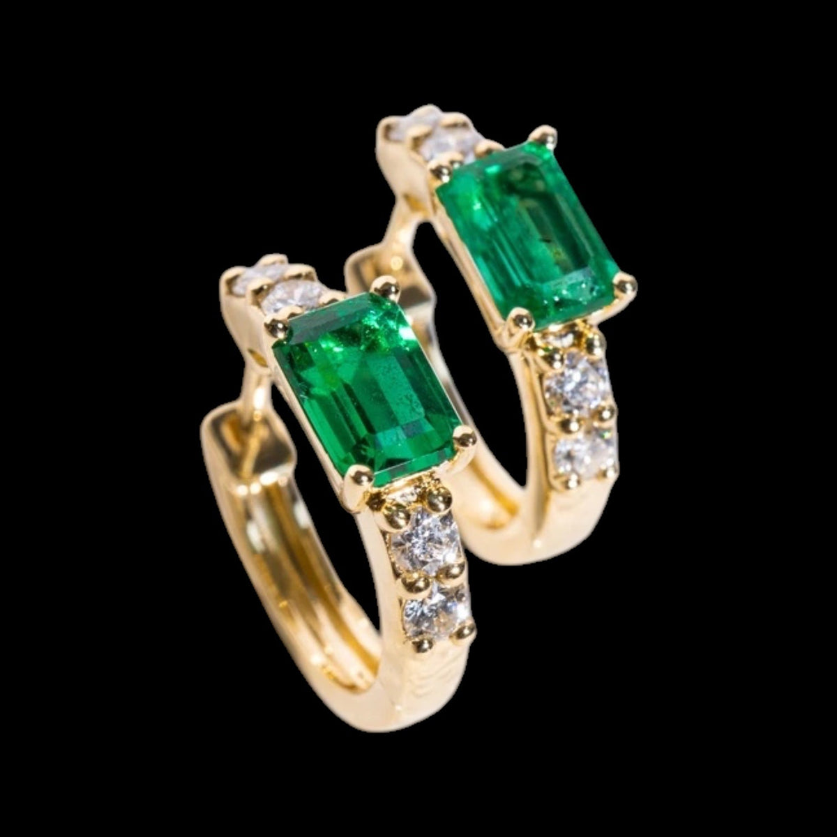 1.27ct Muzo Green Emerald & 0.40ct Natural White Diamond Earrings set in 18K Yellow Gold