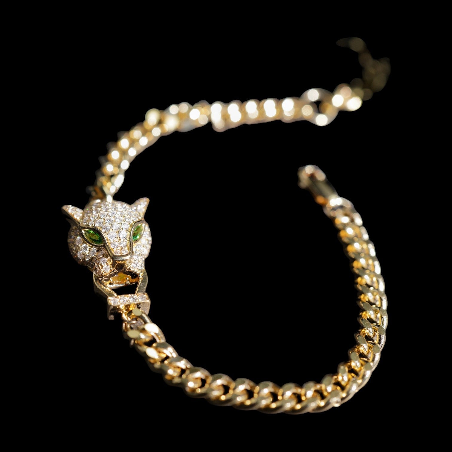0.76ct Natural White Diamond Panther Bracelet with 0.10ct Tsavorite Eyes set in 18K Yellow Gold