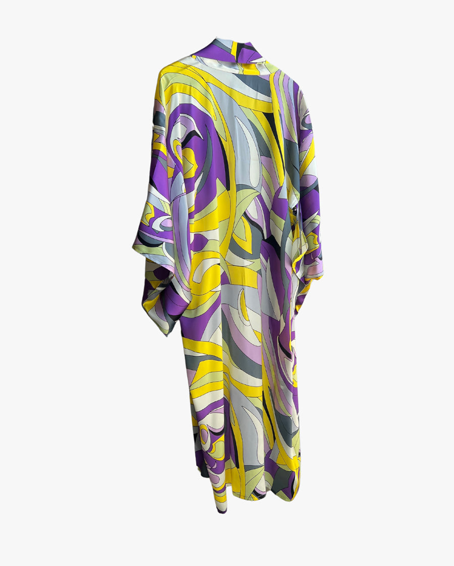 Yellow Purple Geometric Long Silk Kimono Coverup