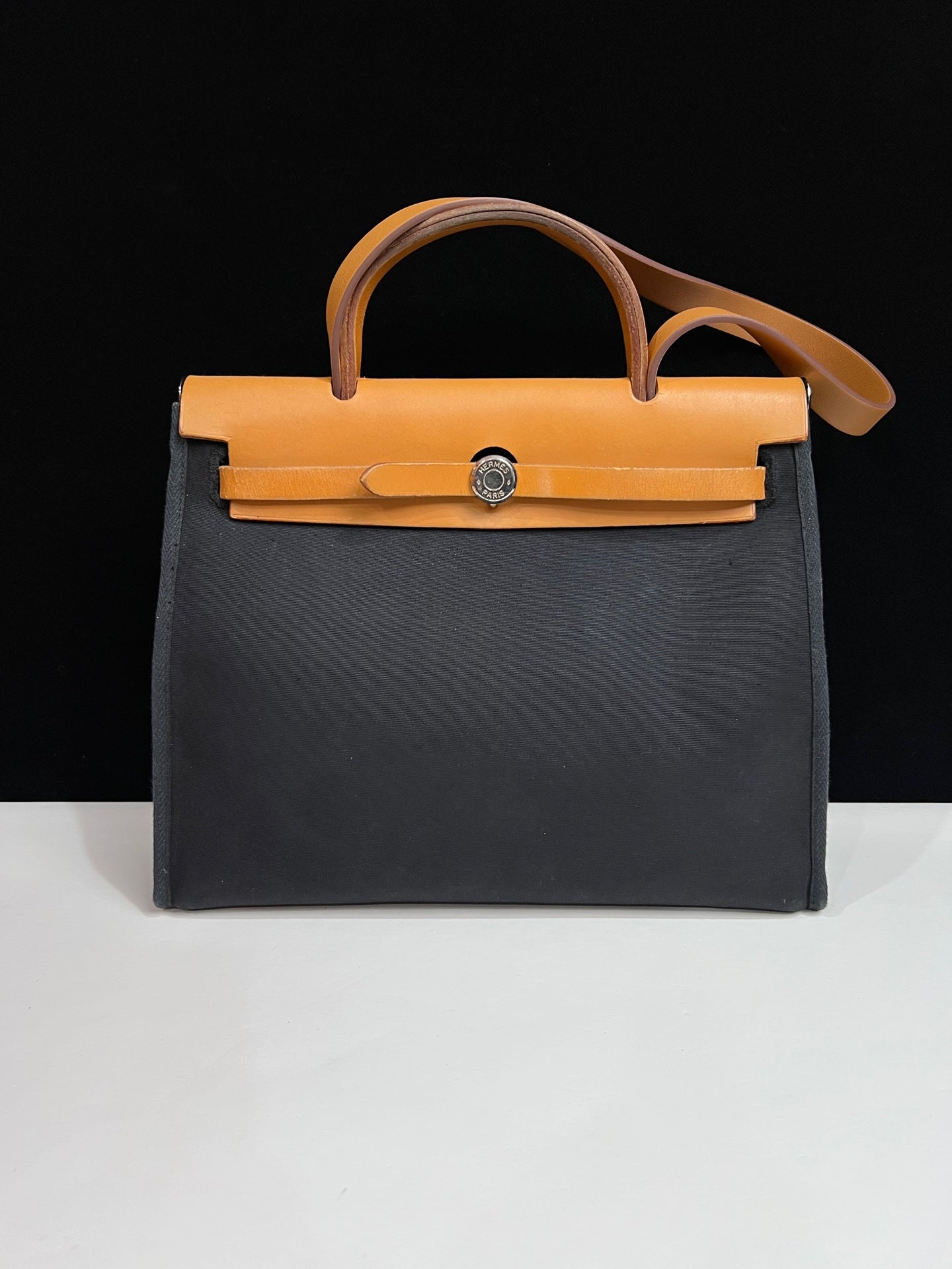 Hermès Herbag 31 Black Canvas Tan Leather Palladium Hardware G Stamp