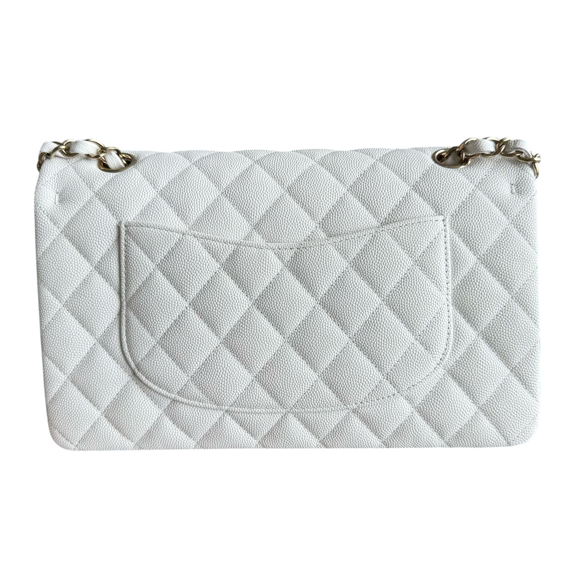 Luxury Evermore Chanel Classic Flap Medium 25cm 白色鱼子酱皮菱格纹单肩包，配有金色链条和背面插袋