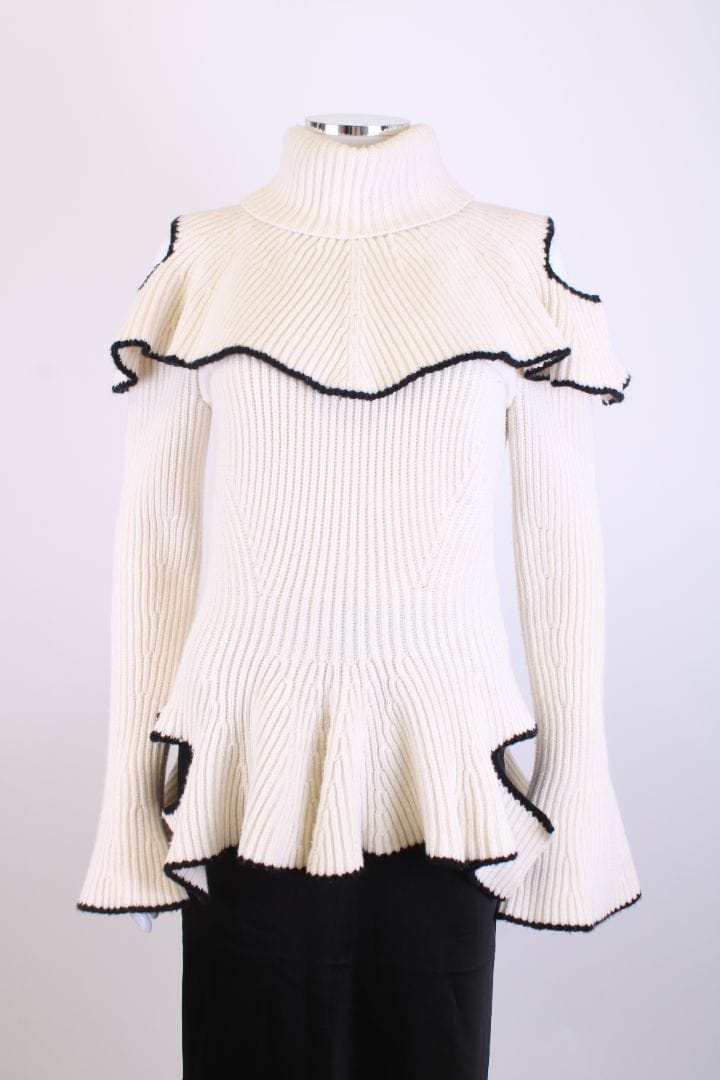 Alexander McQueen Alexander McQueen L/S Cold Shoulder Ribbed Jumper Cream/ Black L