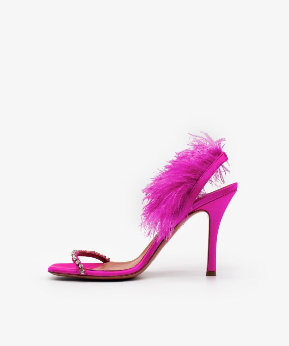 Amina Muaddi Pink Satin Feather Diamante Sandals - AGL1563