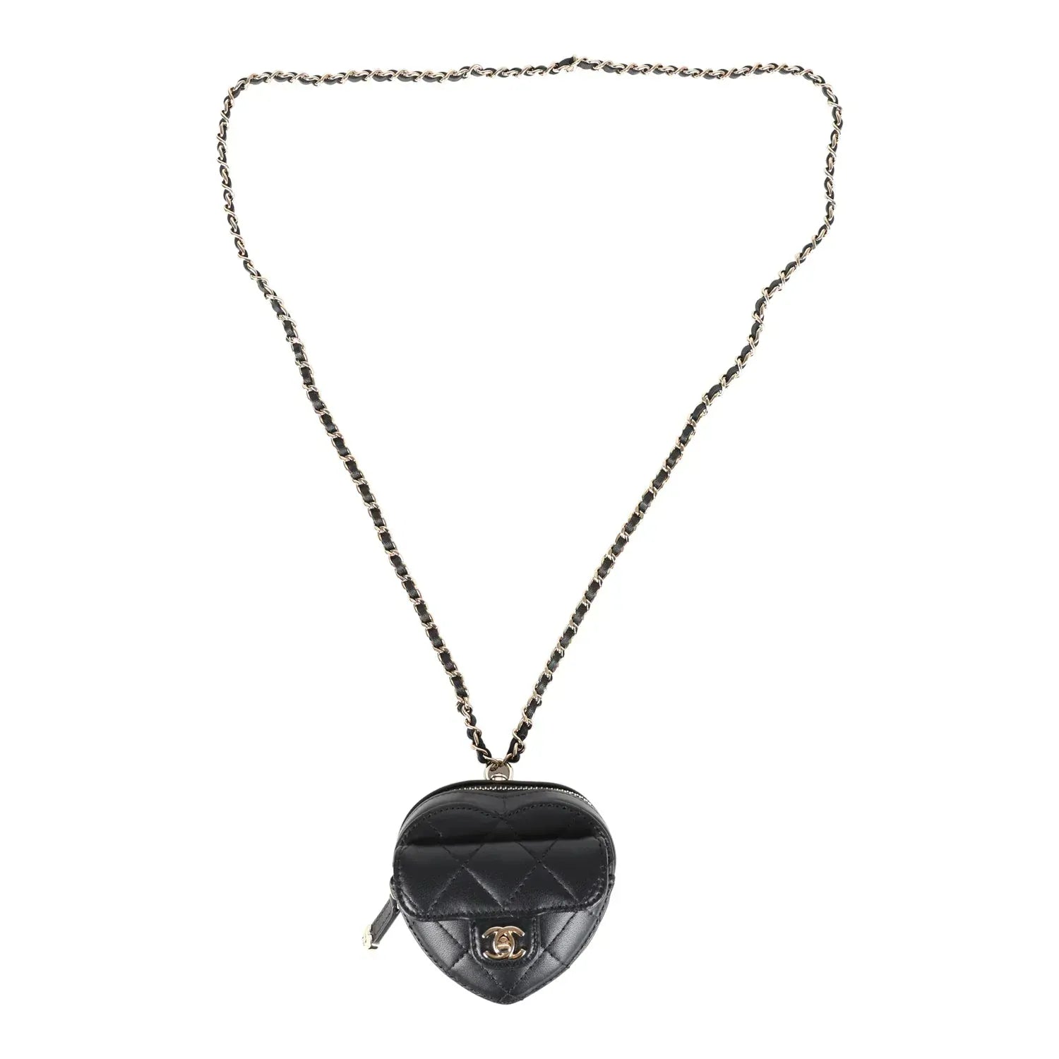 Aureon Group Limited *LONDON LOCATED* CHANEL MINI HEART NECKLACE Black Lambskin Leather with Champagne-Toned Metal