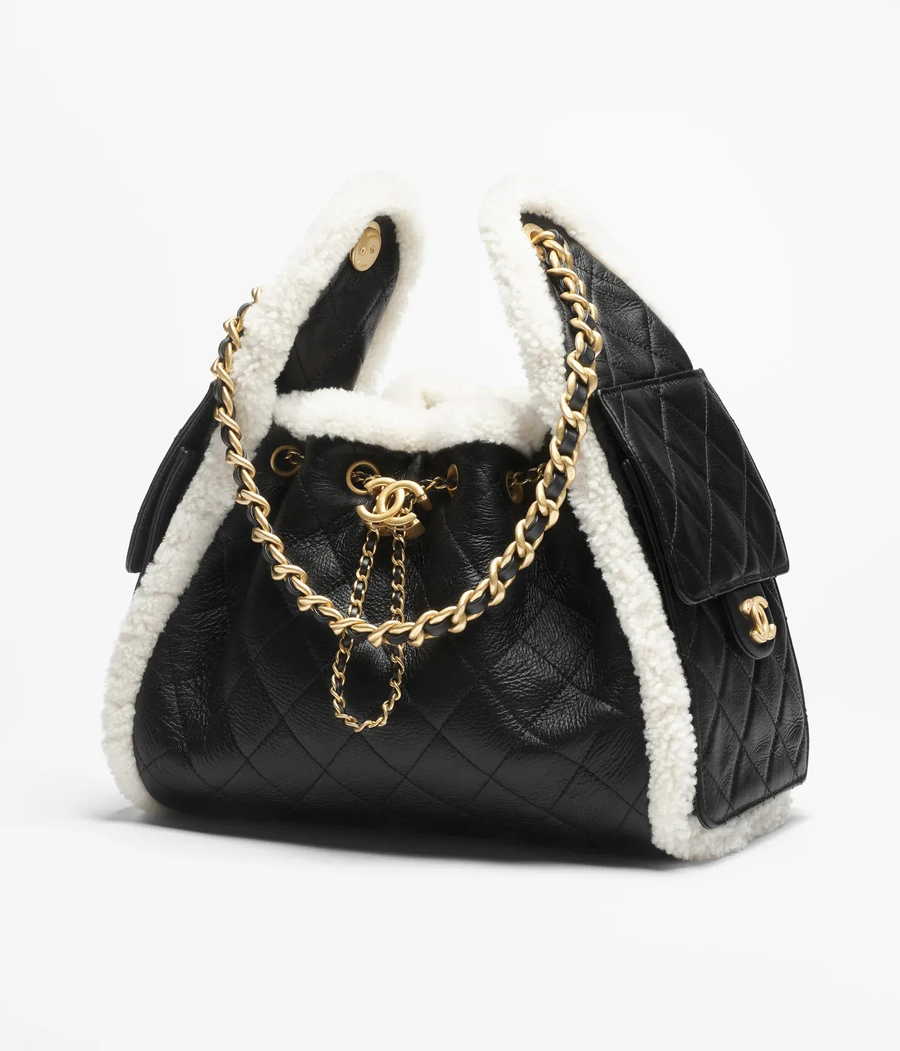 Aureon Group Limited *LONDON LOCATED* CHANEL 25 SMALL HANDBAG BLACK & WHITE Crumpled Shearling Sheepskin with Gold Tone Metal