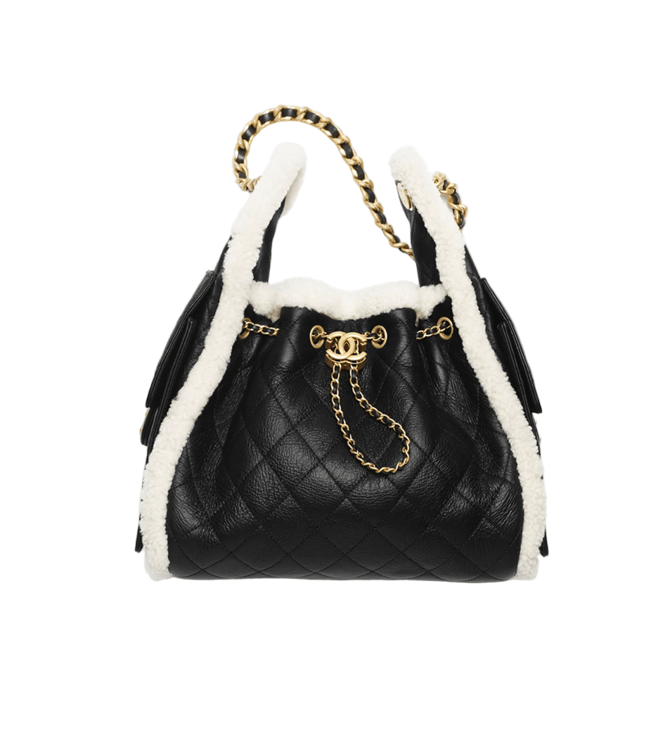 Aureon Group Limited *LONDON LOCATED* CHANEL 25 SMALL HANDBAG BLACK & WHITE Crumpled Shearling Sheepskin with Gold Tone Metal
