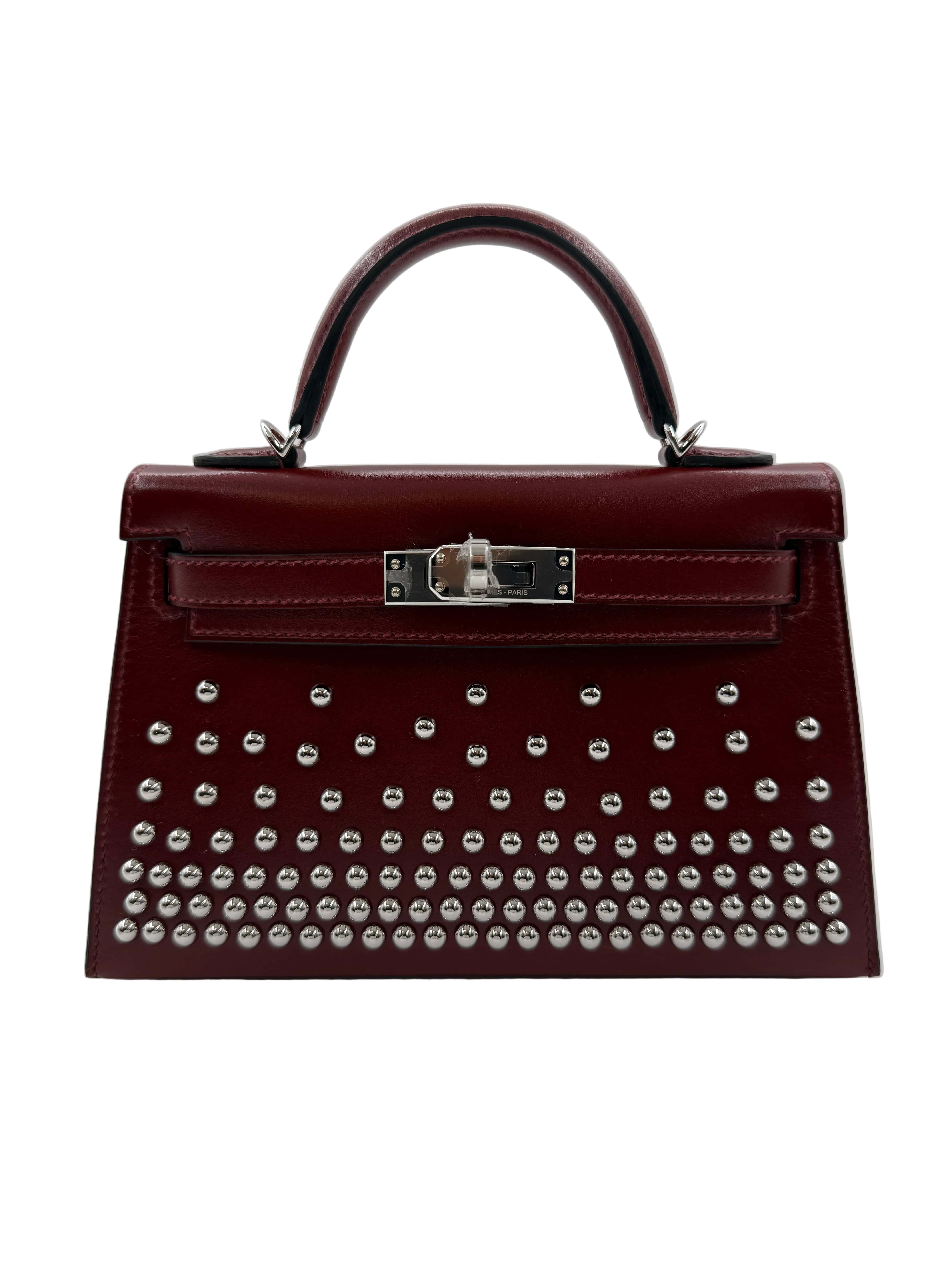 Aureon Group Limited *LONDON LOCATED* HERMÈS MINI KELLY II 20CM "CLOUTE" ROUGE H Box Leather with Palladium Hardware