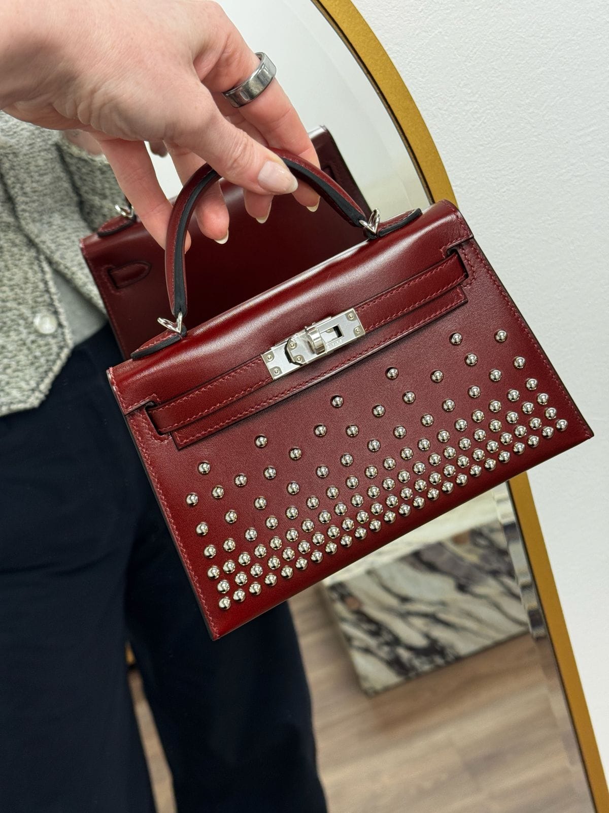 Aureon Group Limited *LONDON LOCATED* HERMÈS MINI KELLY II 20CM "CLOUTE" ROUGE H Box Leather with Palladium Hardware