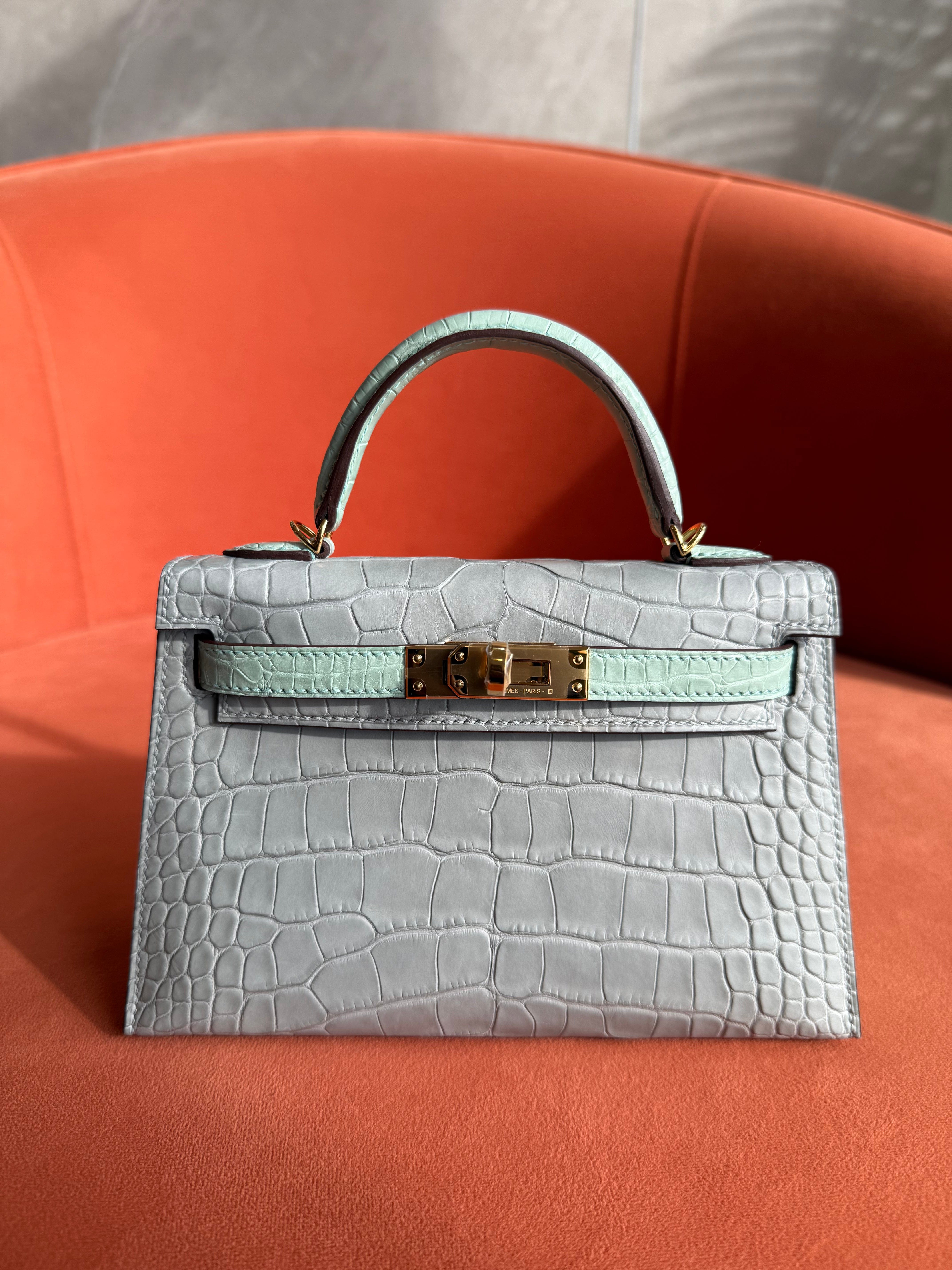 Aureon Group Limited *ON HOLD*LONDON LOCATED* HERMÈS MINI KELLY II 20CM HSS SPECIAL ORDER VERT D'EAU & GRIS PERLE Matte Alligator Leather Gold Hardware