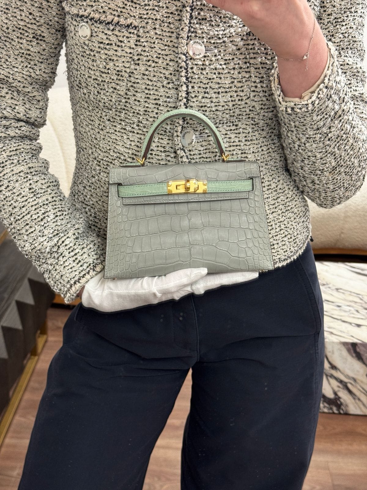 Aureon Group Limited *ON HOLD*LONDON LOCATED* HERMÈS MINI KELLY II 20CM HSS SPECIAL ORDER VERT D'EAU & GRIS PERLE Matte Alligator Leather Gold Hardware