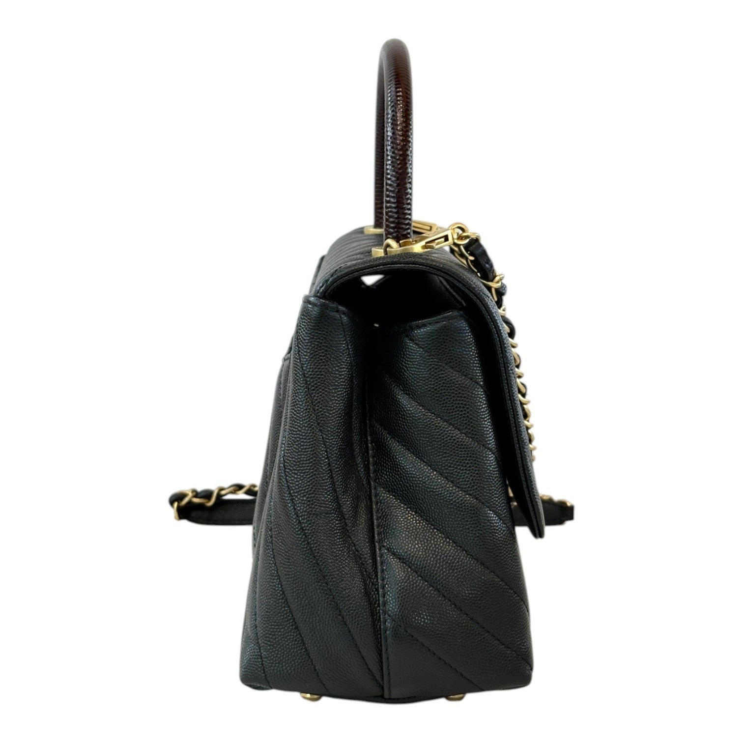 Chanel Medium Black Coco Handle with Lizard Handle and Chevron Stitching