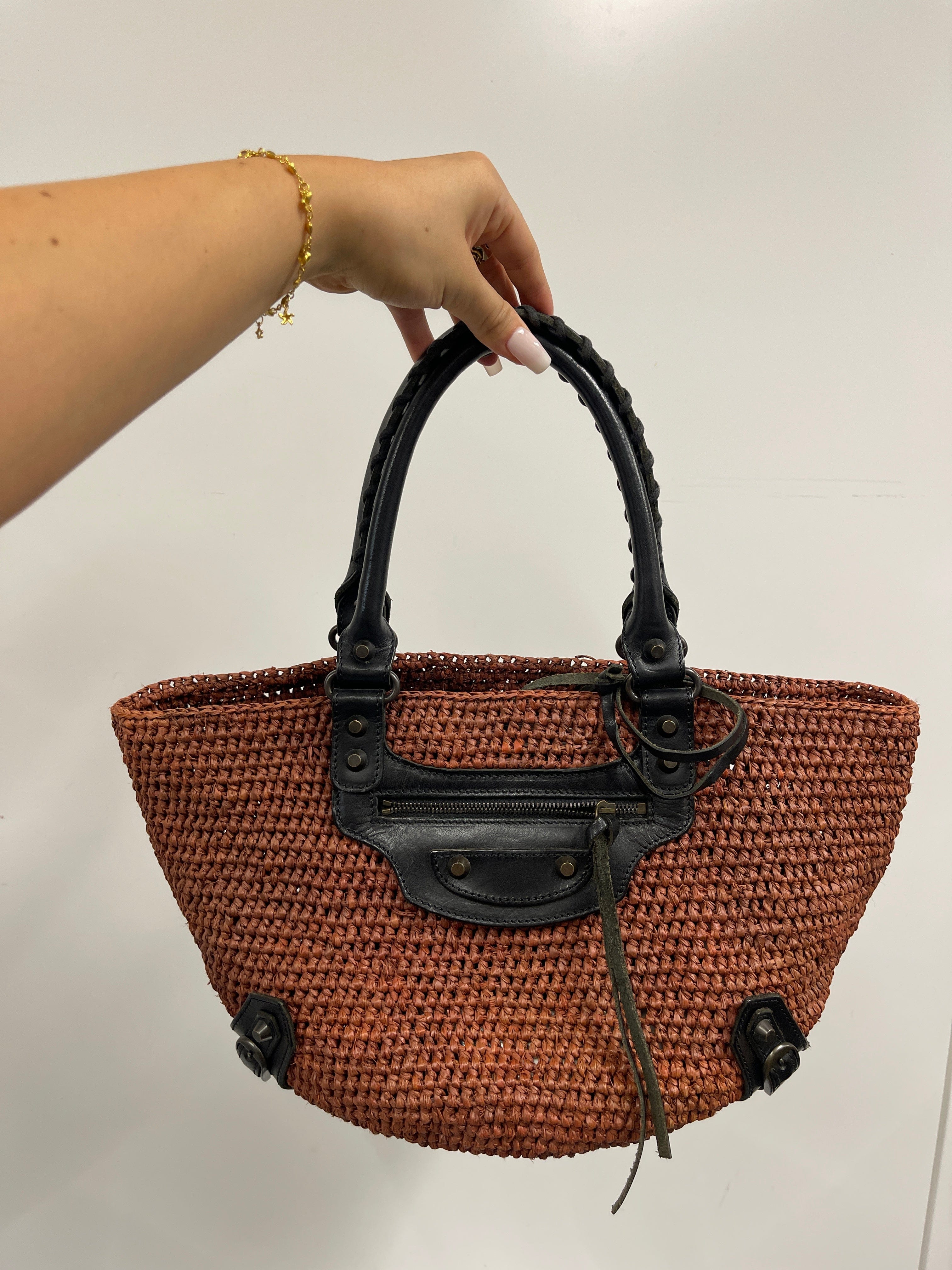 Balenciaga BALENCIAGA 236741・2260 Raffia×Leather Brown×Black Basket Bag B07127PJ9P