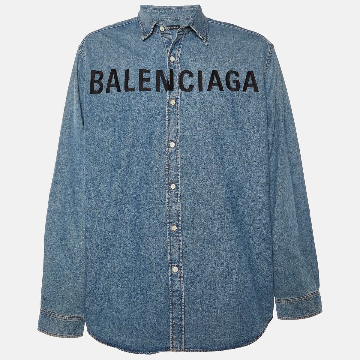 Balenciaga Blue Denim Logo Embroidered Oversized Shirt M ASCLC2416
