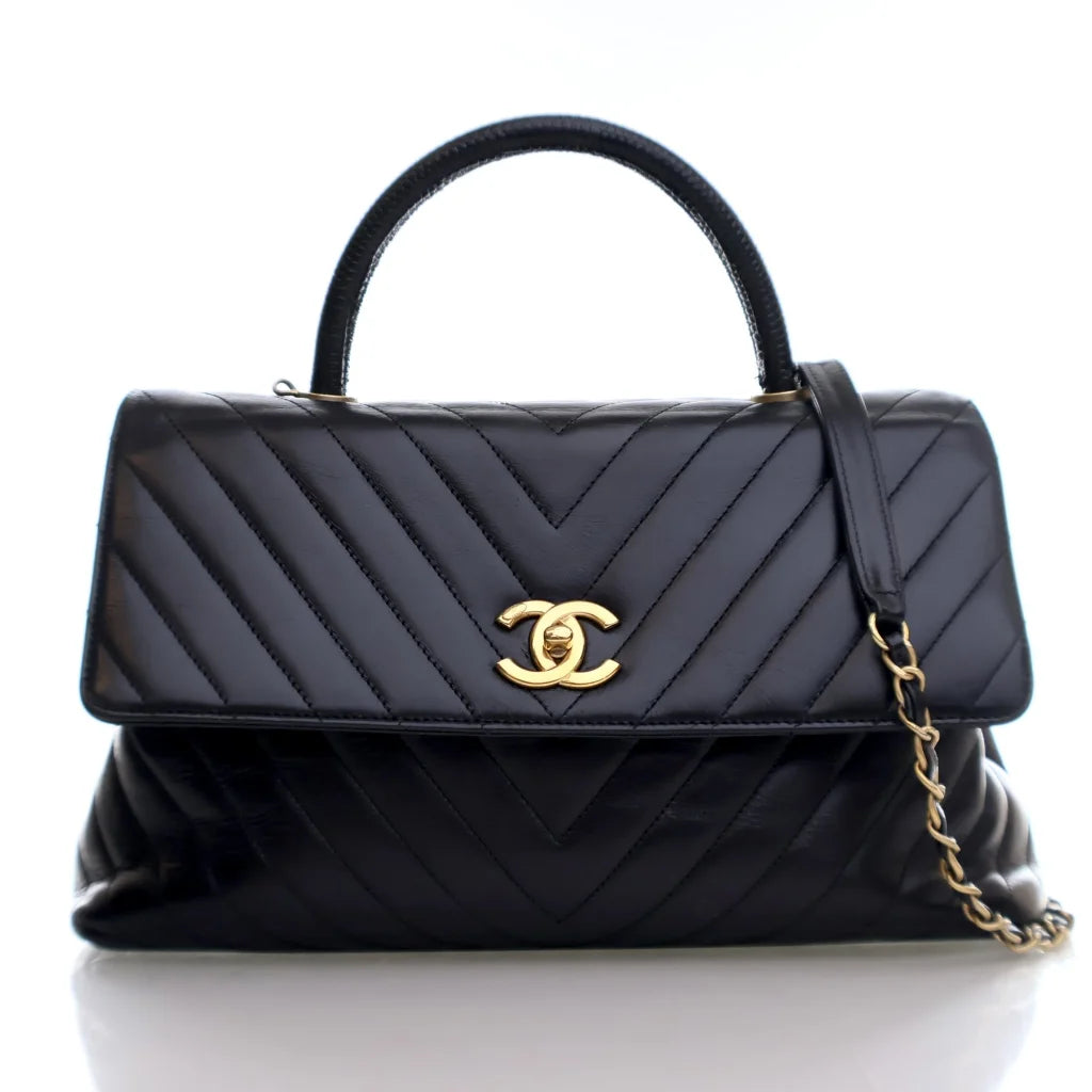 Chanel Large Black Aged Calfskin Chevron Coco Top Handle