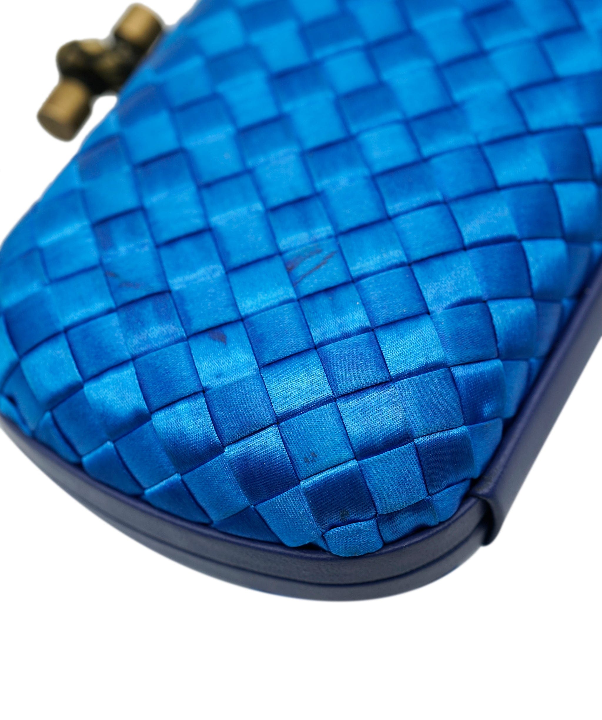 Bottega Veneta Bottega Veneta Blue Mini Knot Clutch Bag in Satin with Leather Detail and Antique Gold Hardware ASL10572
